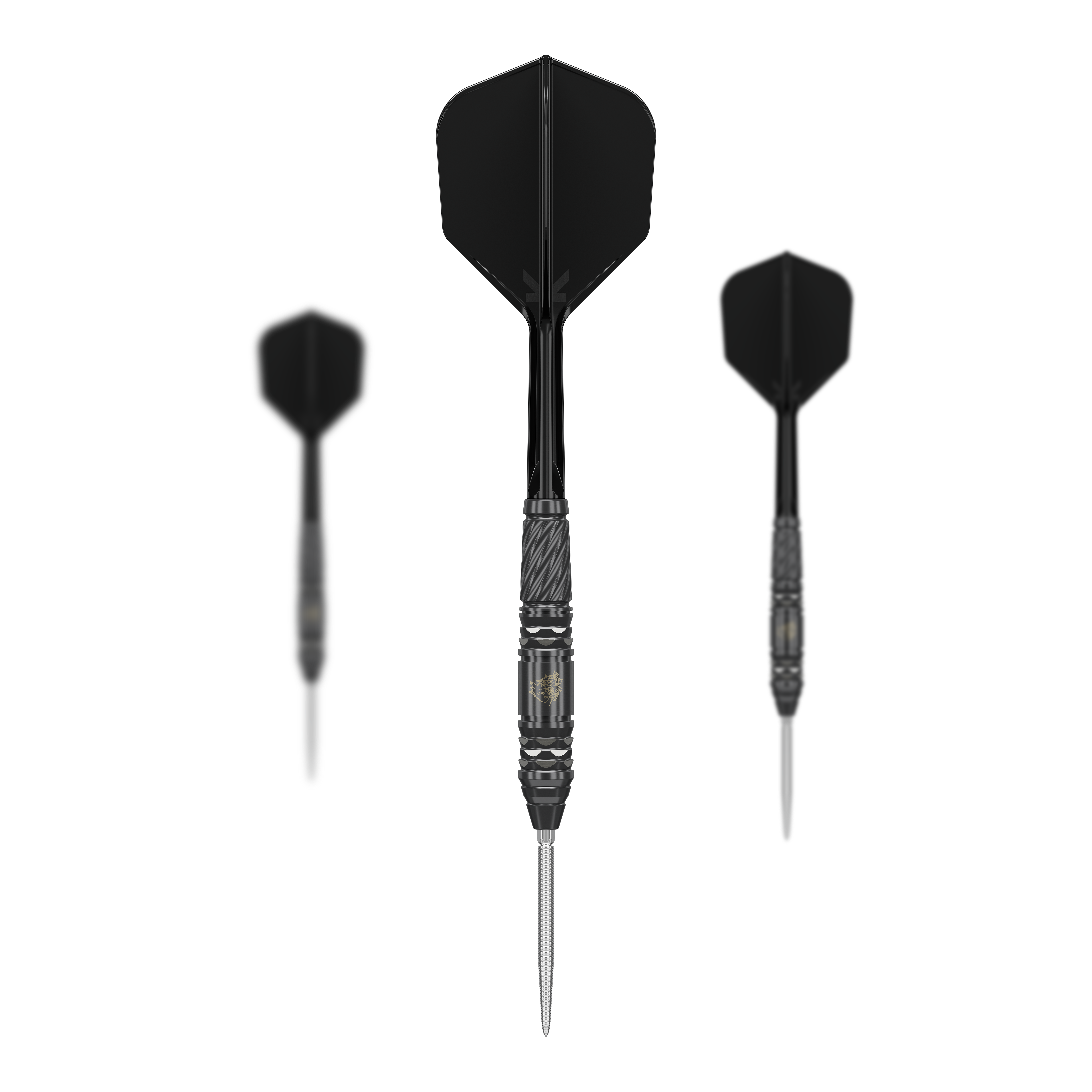 Fléchettes en acier Target Japan Black Marque Dragon GEN2 Swiss Point Das Bild zeigt drei schwarze Steeldarts aus der Serie "Target Japan Black Marque Dragon GEN2 Swiss Point". Die Dartpfeile bestehen aus einem schwarzen Shaft, schwarzen Flights und einer silbernen Spitze.