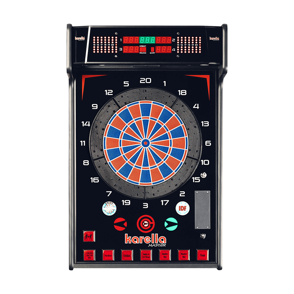 Karella_E-Master_Dartautomat_Wandmontage_Ohne_M-nzeinwurf_1 Das Bild zeigt den Karella E-MASTER Dartautomaten ohne Münzeinwurf. Die Dartscheibe ist elektronisch und hat ein digitales Anzeigefeld sowie mehrere Bedientasten.