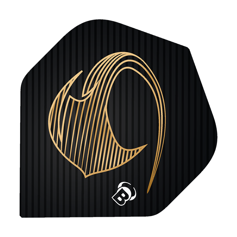 Vols standards Bulls Metrixx Stingray n°2 Das Bild zeigt ein schwarzes Dart Flight mit einem goldenen, stilisierten Stingray-Design. Unten ist ein kleines weißes "B" Logo abgebildet.