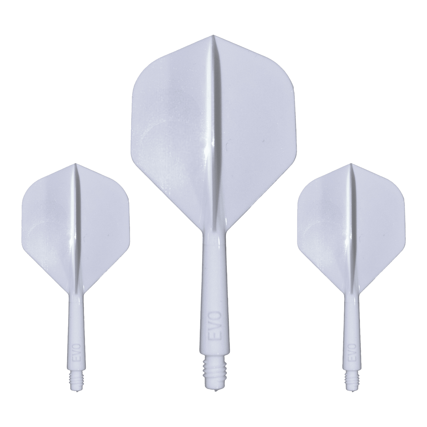 Hier ist das Evolution EVO1 Flight-Shaft-System in Weiß abgebildet. Dieses Produkt ist für den Einsatz im Dartsport bestimmt.