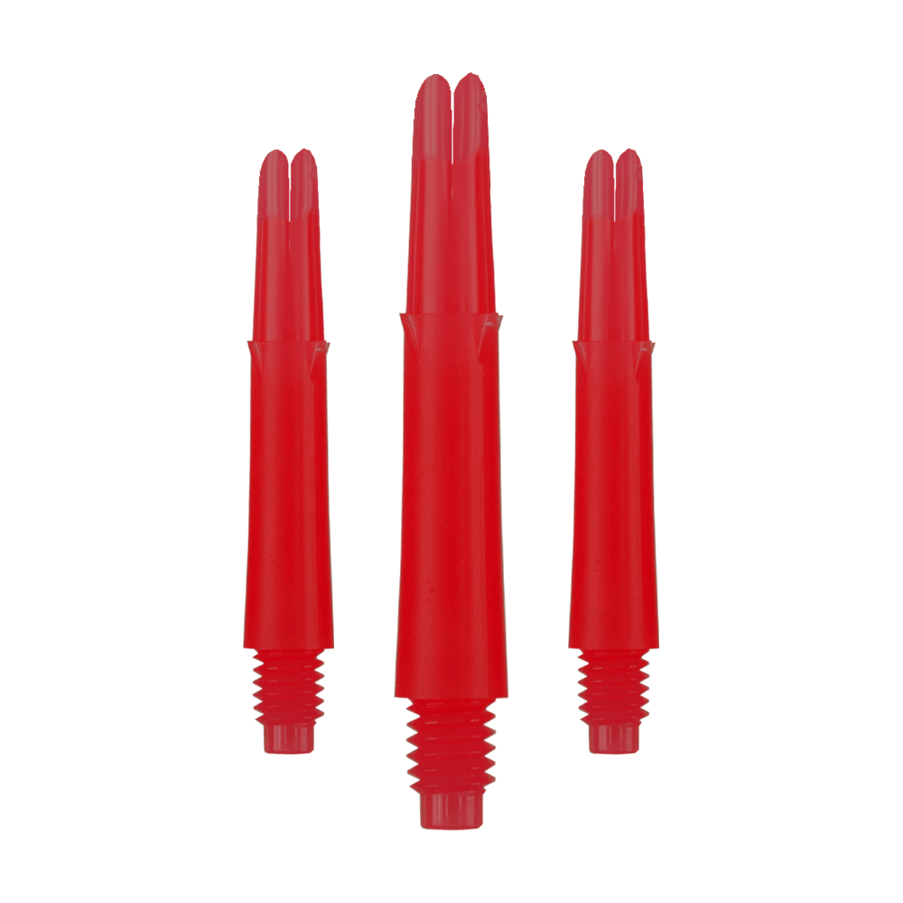 Arbres en L verrouillés droits - Rouge Auf dem Bild sind drei rote, gerade Dartschäfte zu sehen. Sie haben ein Schraubgewinde am unteren Ende und sind jeweils 32 mm lang.