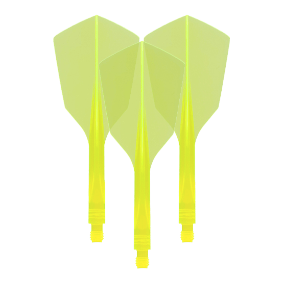 Condor Ax 120 Flight System Jaune fluo - Étroit Das Bild zeigt drei neon-gelbe Dartflights mit schmaler Form. Es handelt sich um das Produkt „Condor Axe 120 Flight-System Neon Yellow - Narrow“.