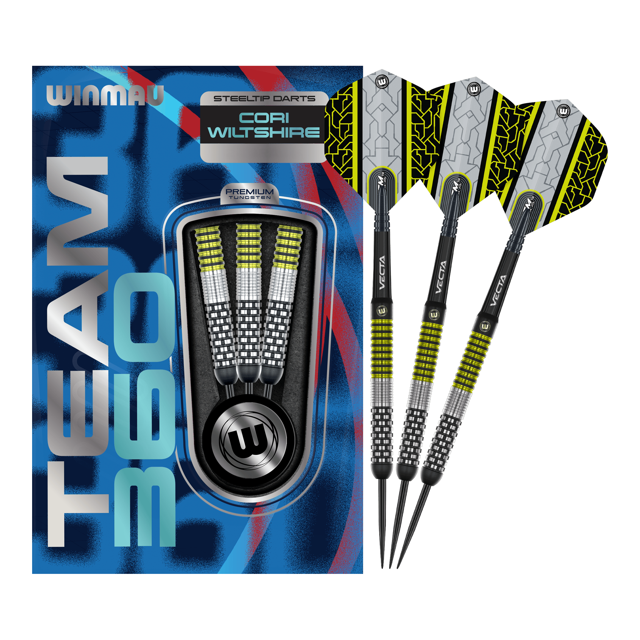 Fléchettes en acier Winmau Team 360 Cori Wiltshire - 24 g Das Bild zeigt die Winmau Team 360 Cori Wiltshire Steeldarts mit 24 Gramm. Diese hochwertigen Steeldarts sind für professionelle Dartspieler geeignet.