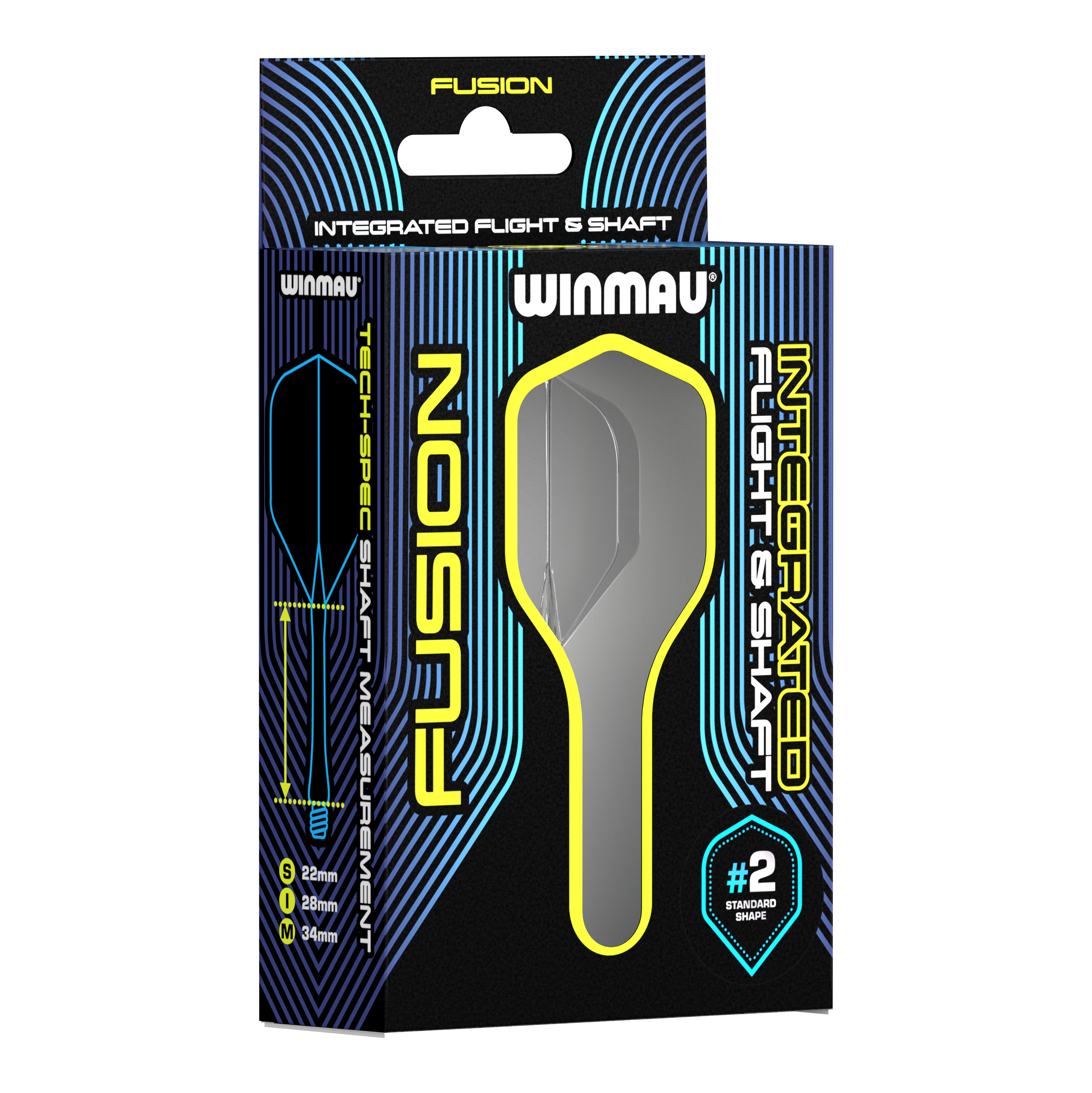 Système d'arbre de vol Winmau Fusion Standard Smokey Auf dem Bild ist eine Verpackung des Winmau Fusion Integrated Flight & Shaft Systems zu sehen. Das Produkt hat die Größe 22 mm und ist in der Farbe "Smokey" erhältlich.