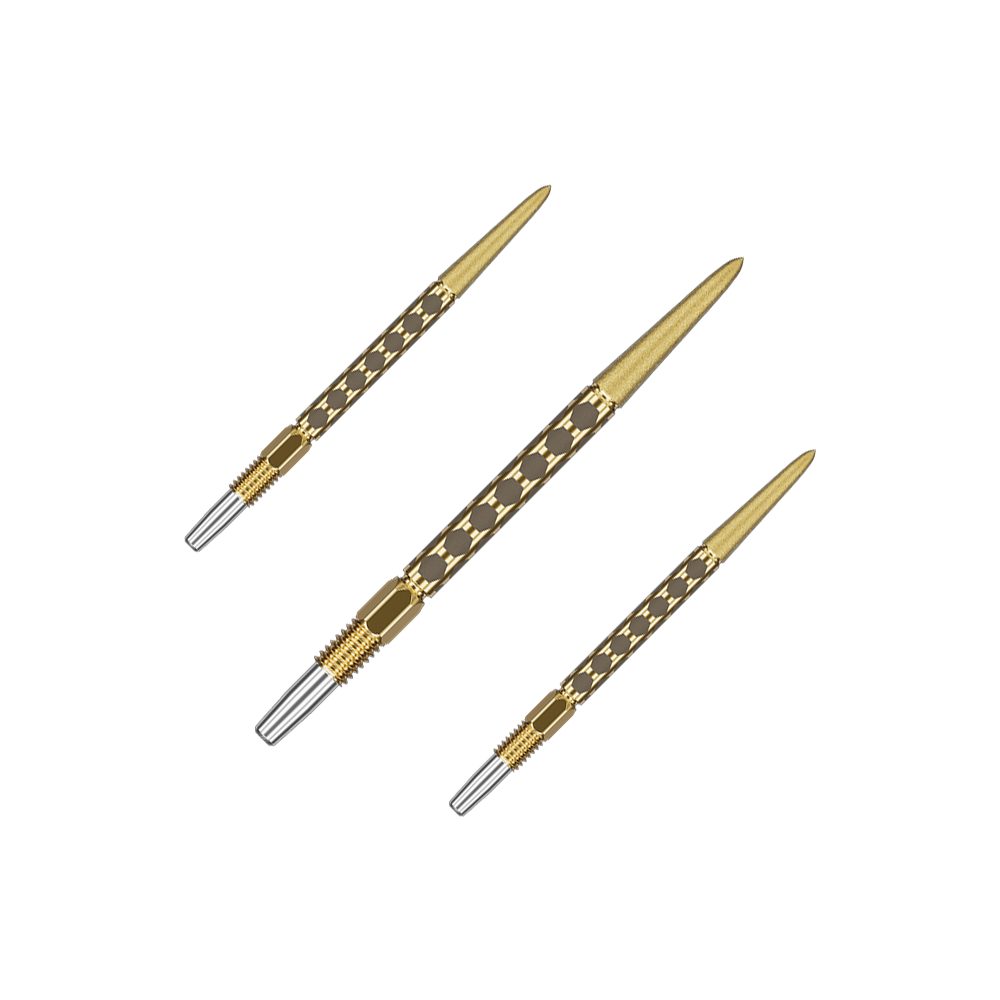 Embouts de fléchettes Target Swiss FLT Point - Or Mehrere kurze goldene Dartspitzen sind als Set nebeneinander angeordnet. Die Spitzen verlaufen parallel.