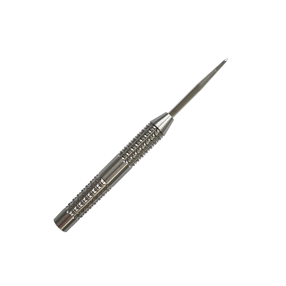 Canons en acier McDart SilverGrip Das Bild zeigt einen silbernen Steeldart-Barrel mit feinem Rillenmuster für besseren Halt. Es handelt sich um das Produkt "McDart SilverGrip Steeldart Barrels".