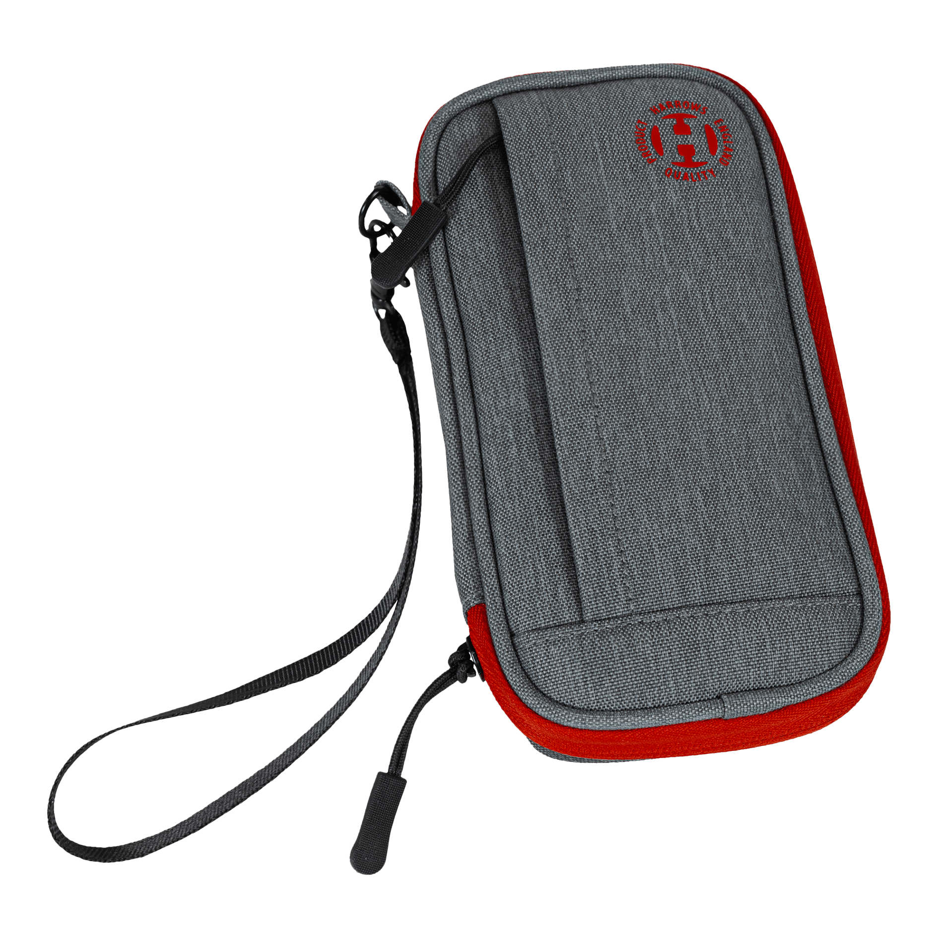 Étui intelligent Harrows pour fléchettes Das Bild zeigt ein graues Dart-Etui mit roten Akzenten und einer schwarzen Handschlaufe. Auf der Vorderseite befindet sich ein rundes Logo in Rot.