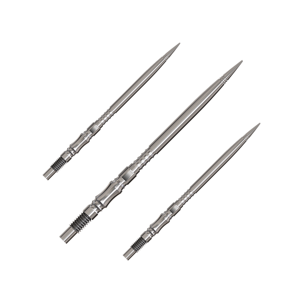Harrows Quick Point Axis Elite Series Dartspitzen - Silber Axis Silver Elite Serie Dartspitzen in 40mm werden gezeigt. Die Spitzen sind silberfarben.