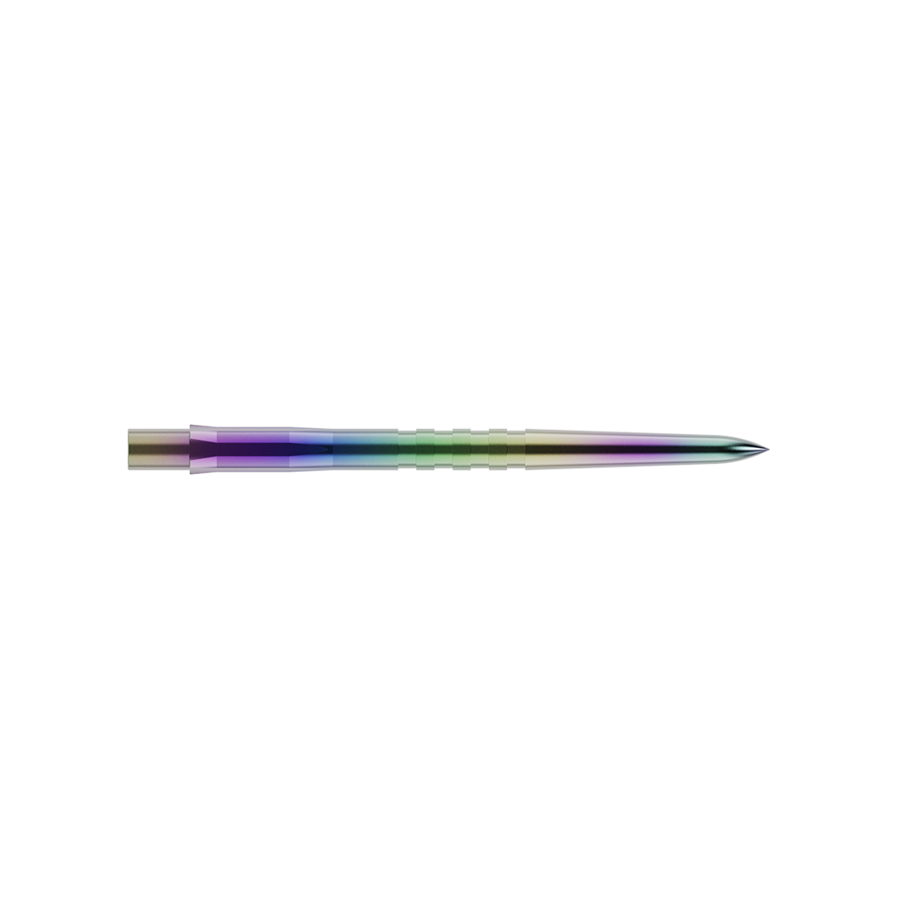 Dies ist eine bunte, metallische Steeldartspitze mit Rillen. Sie ist schlank und hat eine Länge von 32 mm.