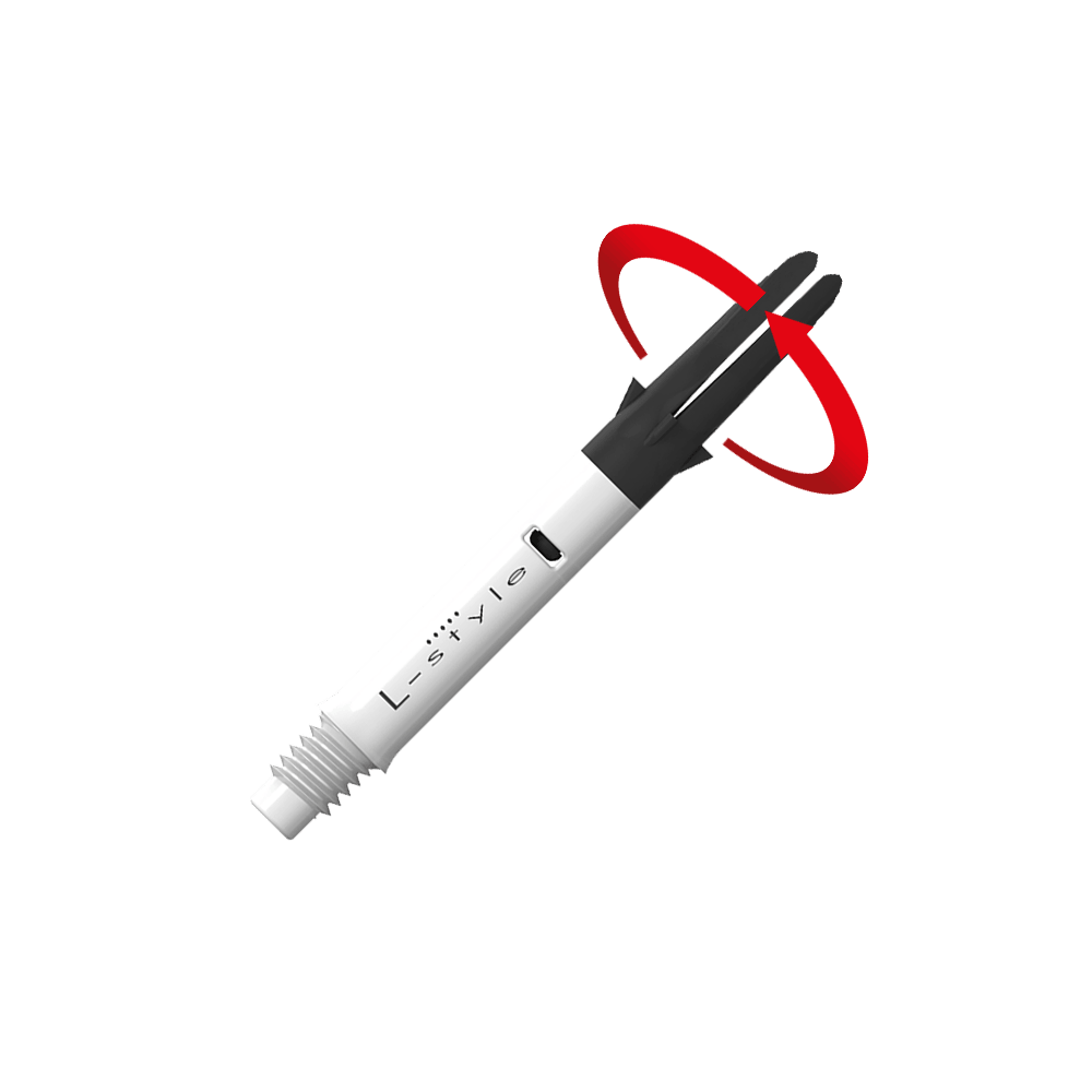 Tige de selle droite silencieuse en carbone style L - Blanc Das Bild zeigt einen weißen und schwarzen Dartshaft mit der Aufschrift "L-style". Ein roter Pfeil deutet auf eine Drehbewegung an der oberen schwarzen Spitze des Schafts hin.