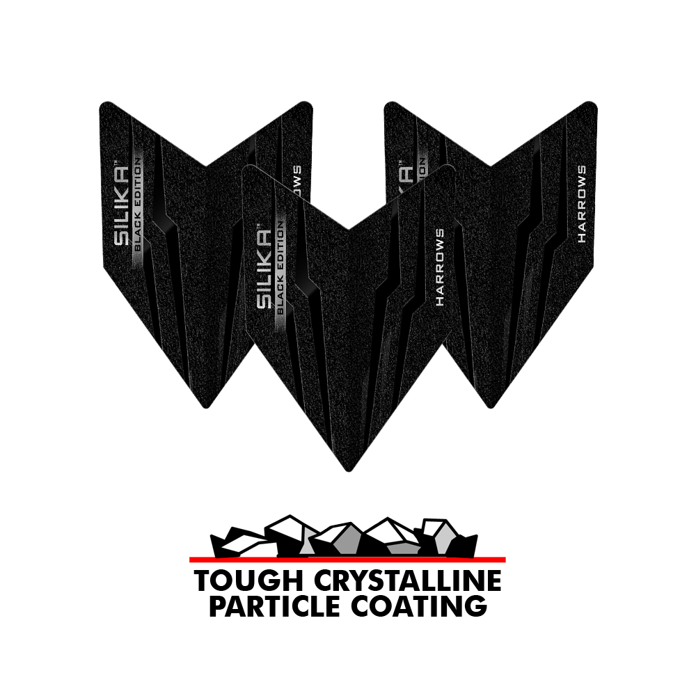 Vols de vélo Harrows Silika Black Edition Das Bild zeigt die Harrows Silika Black-Edition Velos Flights in schwarzem Design. Unter den Flights steht der Slogan "Tough Crystalline Particle Coating" mit einer Grafik von Kristallen.