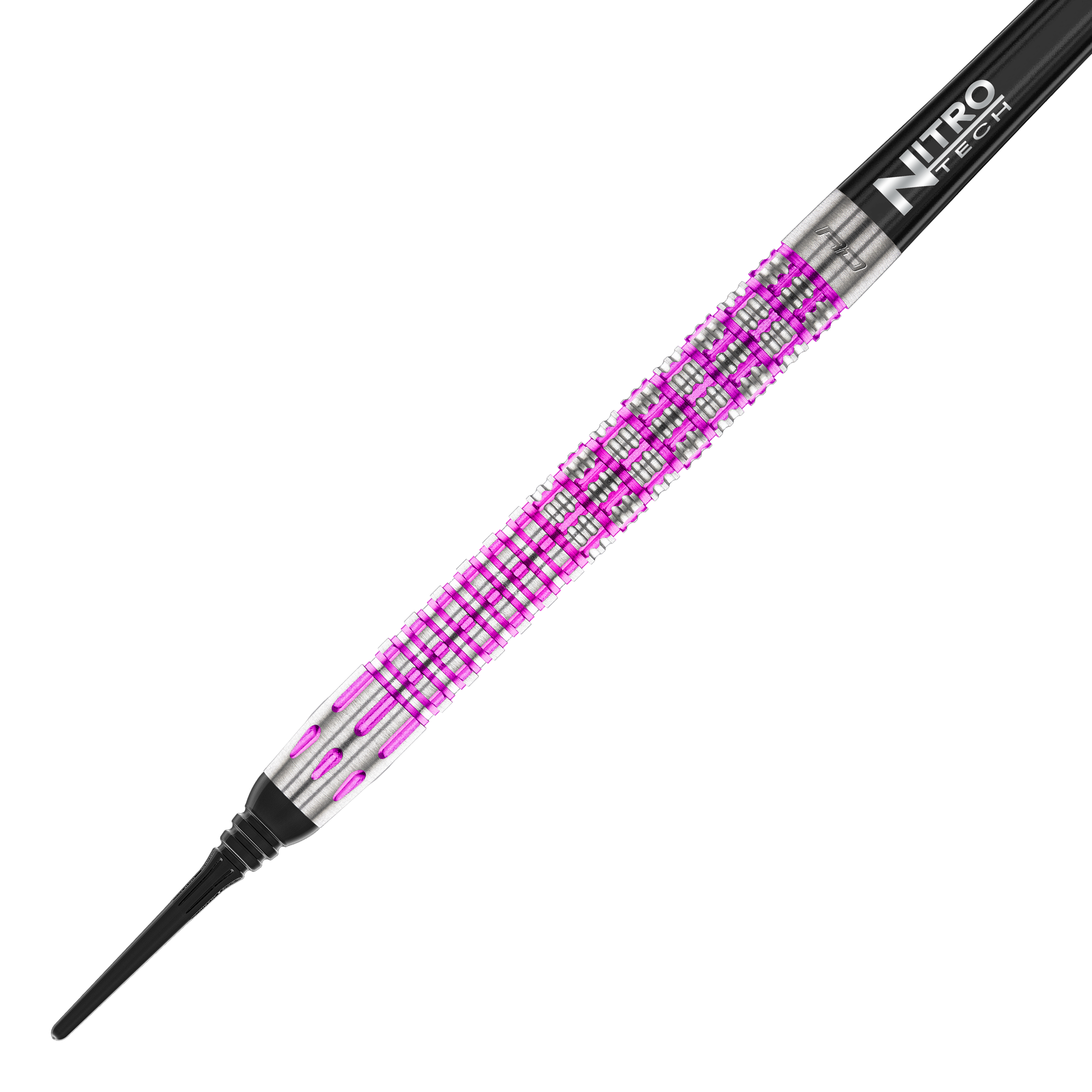 Fléchettes souples Red Dragon Tyrian - 22 g Das Bild zeigt einen Red Dragon Tyrian Softdart mit einem Gewicht von 22g. Der Dart hat ein auffälliges Muster in Silber und Pink am Griff.