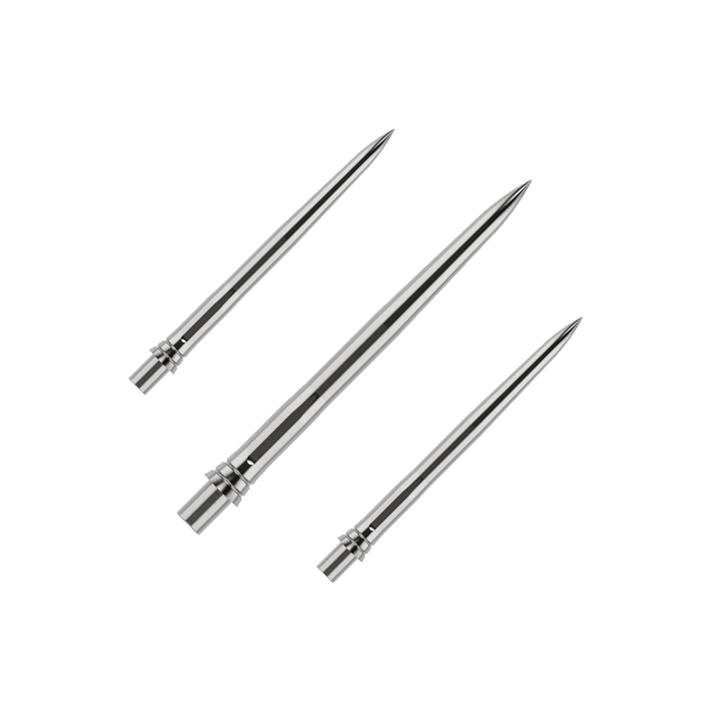 Pointes de fléchettes Caliburn EVO - Lisses - Argent Das Bild zeigt silberne Dartspitzen mit einer glatten Oberfläche, wahrscheinlich aus Metall. Die Dartspitzen sind 28mm lang und werden als Set präsentiert.