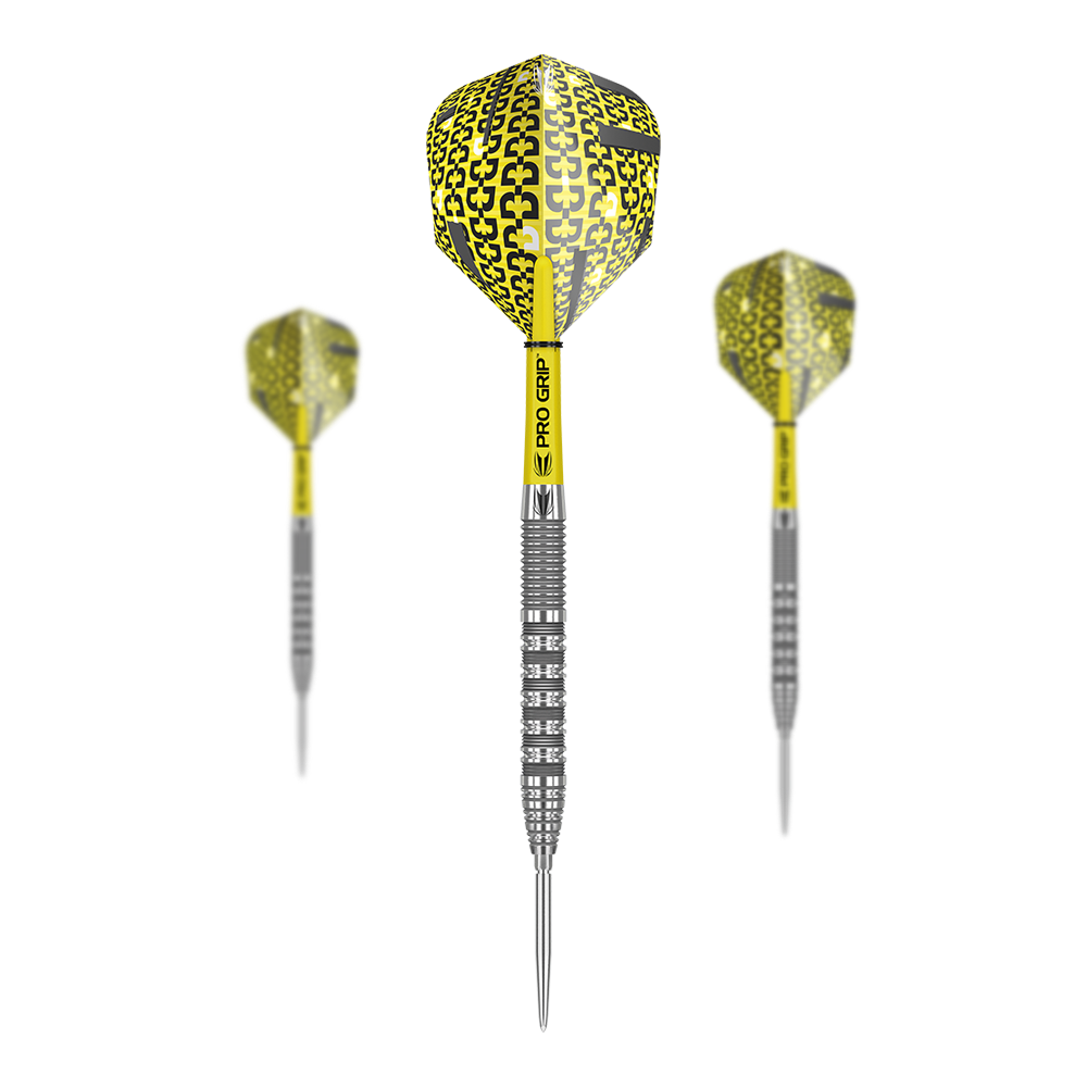 Target Bolide 01 fléchettes en acier Swiss Point Das Bild zeigt drei Target Bolide 01 Swiss Point Steeldarts mit gelben Flights und silbernen Spitzen. Die Darts haben einen auffälligen, schwarz-gelben Aufdruck und einen silbernen, geriffelten Schaft.