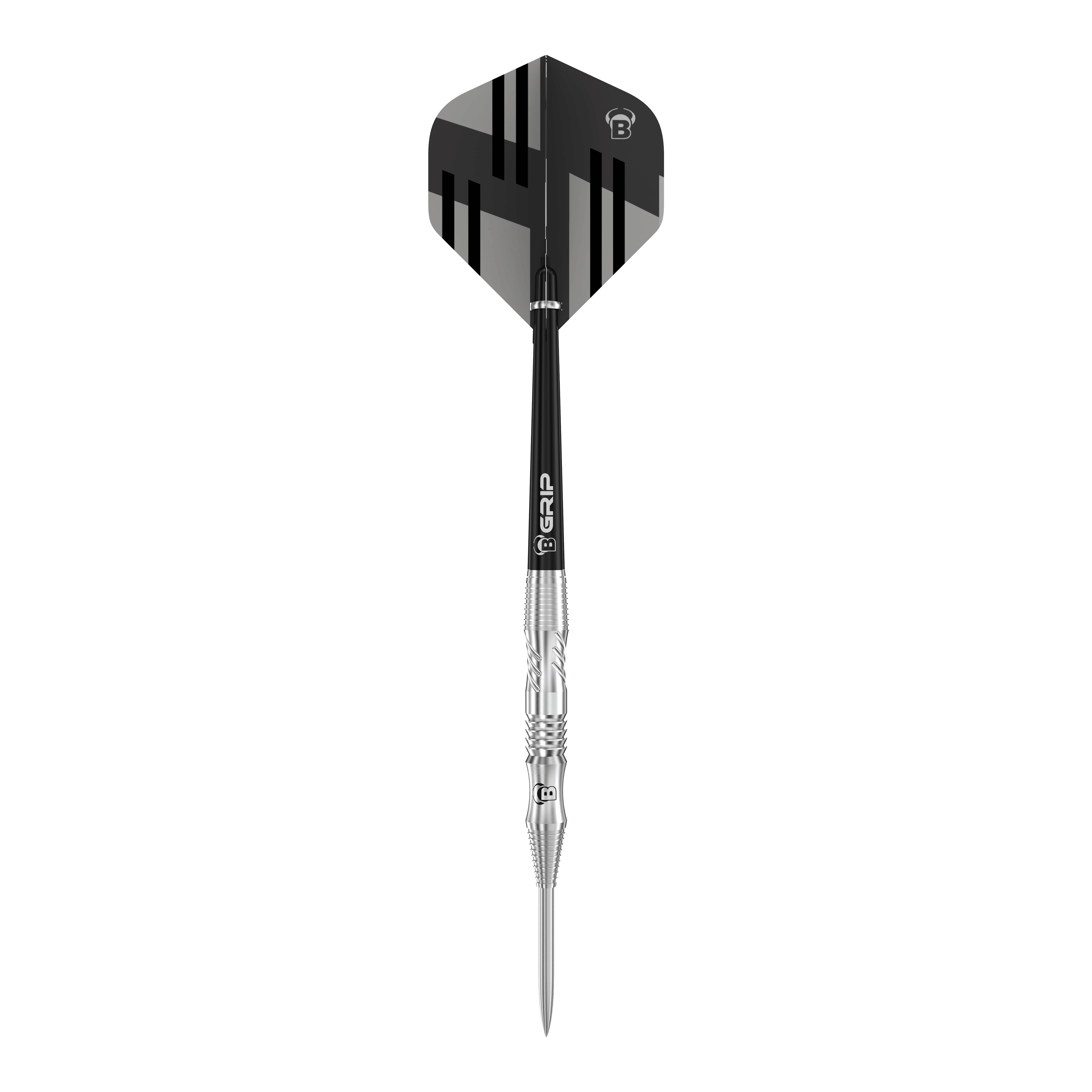 Fléchettes en acier Bulls Tac T1 Das Bild zeigt einen Bulls Tac T1 Steeldart. Der Dart hat ein silbernes Barrel und ein schwarz-graues Flight-Design.