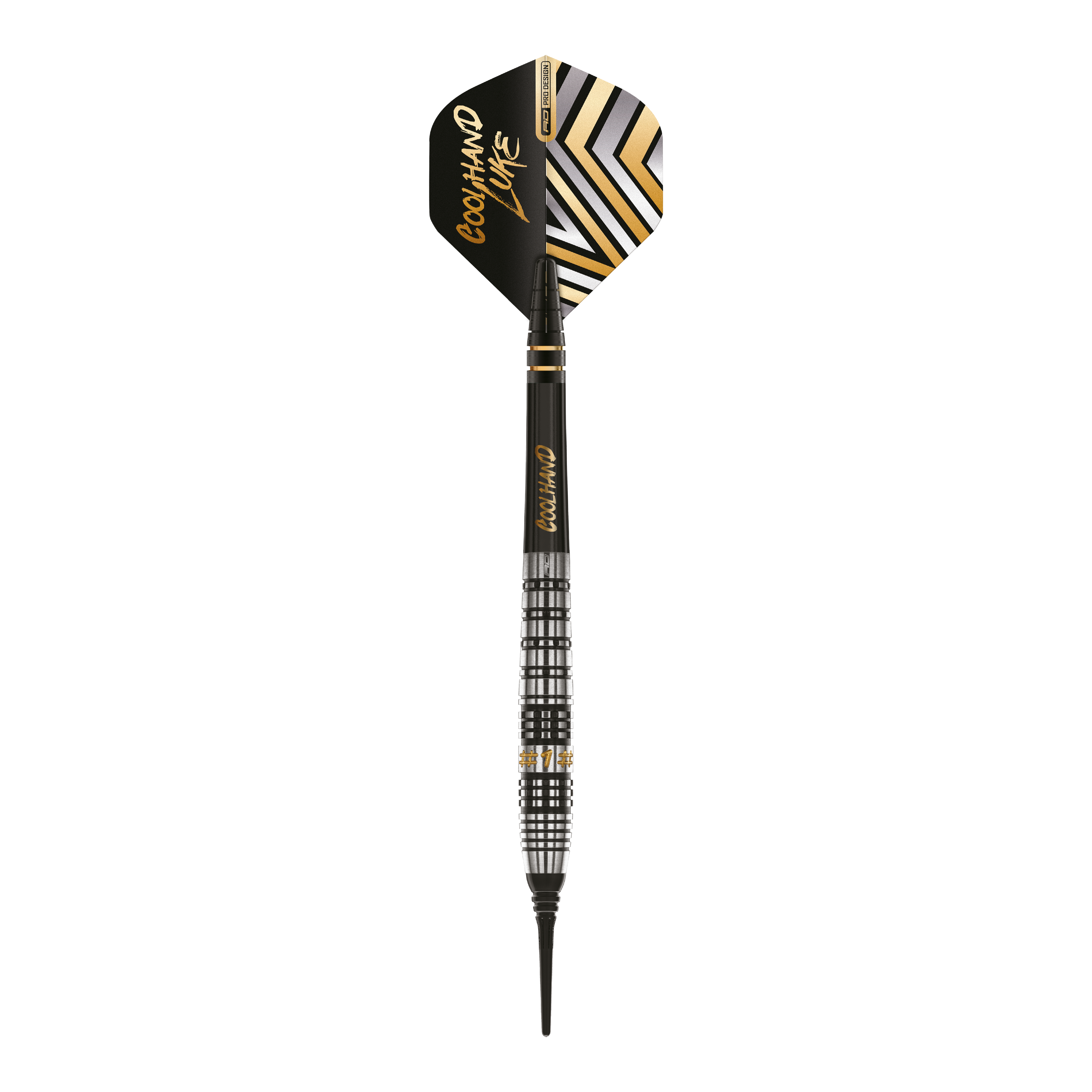 Fléchettes souples Red Dragon Luke Humphries Prestige - 20 g Das Bild zeigt einen Red Dragon Luke Humphries Prestige Softdart mit einem Gewicht von 20g. Der Dart hat ein modernes schwarzes und silbernes Design mit goldenen Akzenten und der Aufschrift "COOL HAND LUKE" auf dem Flight.