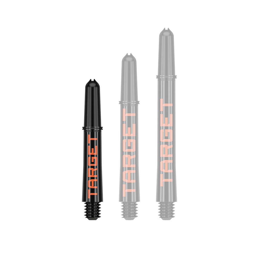 Tiges Target Pro Grip TAG - 3 jeux - Noir Orange Auf dem Bild sind drei schwarze Dartschäfte in unterschiedlichen Längen zu sehen. Auf jedem Schaft steht in orangefarbener Schrift das Wort "TARGET".