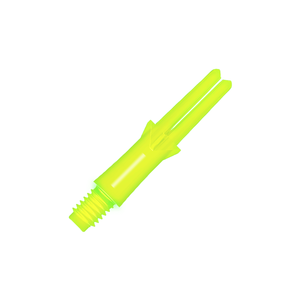 Arbres en L verrouillés droits - Jaune fluo Das Bild zeigt einen neongelben geraden Flightschaft für Dartpfeile. Der Schaft hat ein Schraubgewinde an einem Ende und eine offene Gabel am anderen Ende.