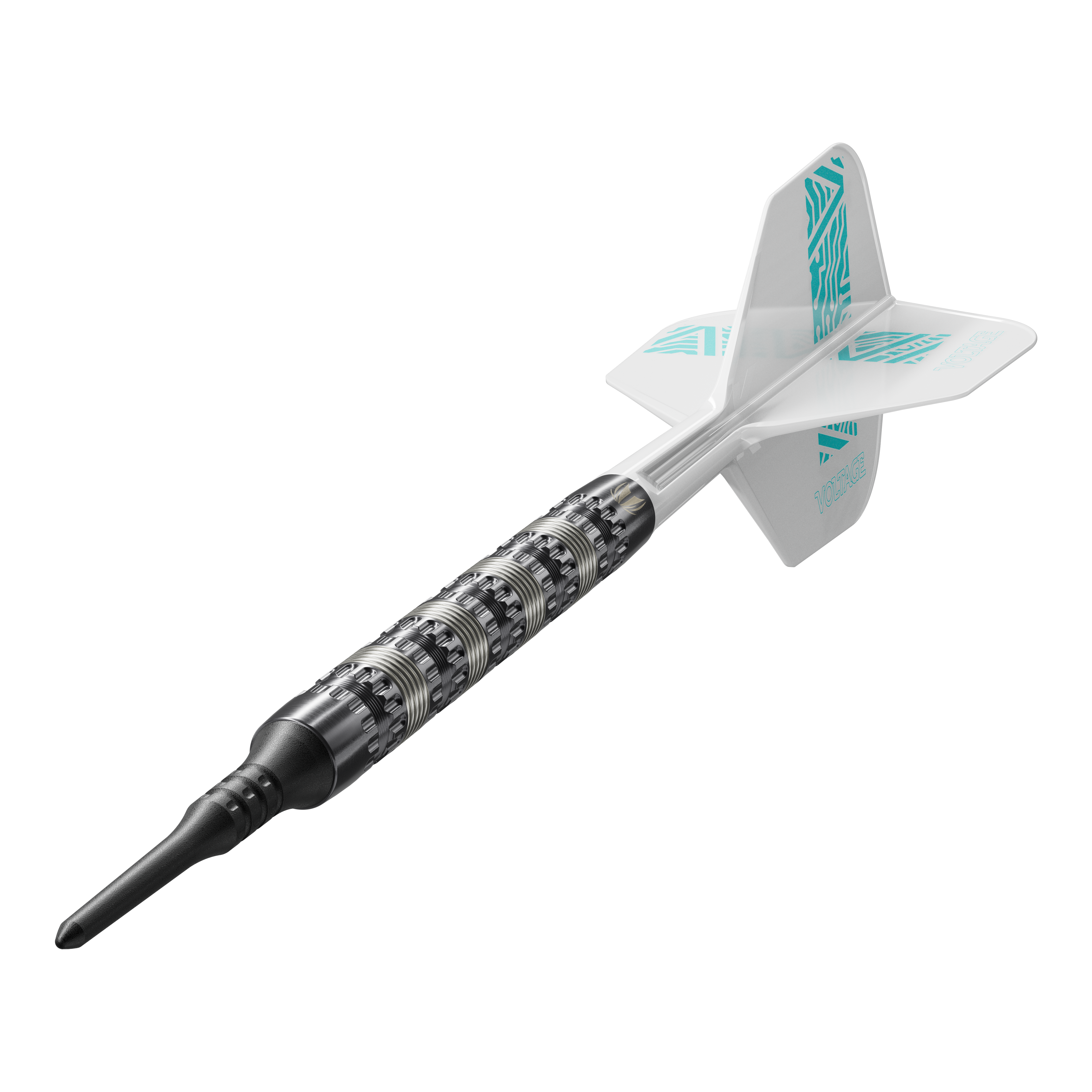 Fléchettes souples Target Rob Cross 95K Swiss Point - 18 g Auf dem Bild ist ein Target Rob Cross 95K Swiss Point Softdart mit 18g zu sehen. Der Dart hat einen strukturierten silbernen Barrel, eine schwarze Spitze und weiße Flights mit türkisfarbenen Akzenten.
