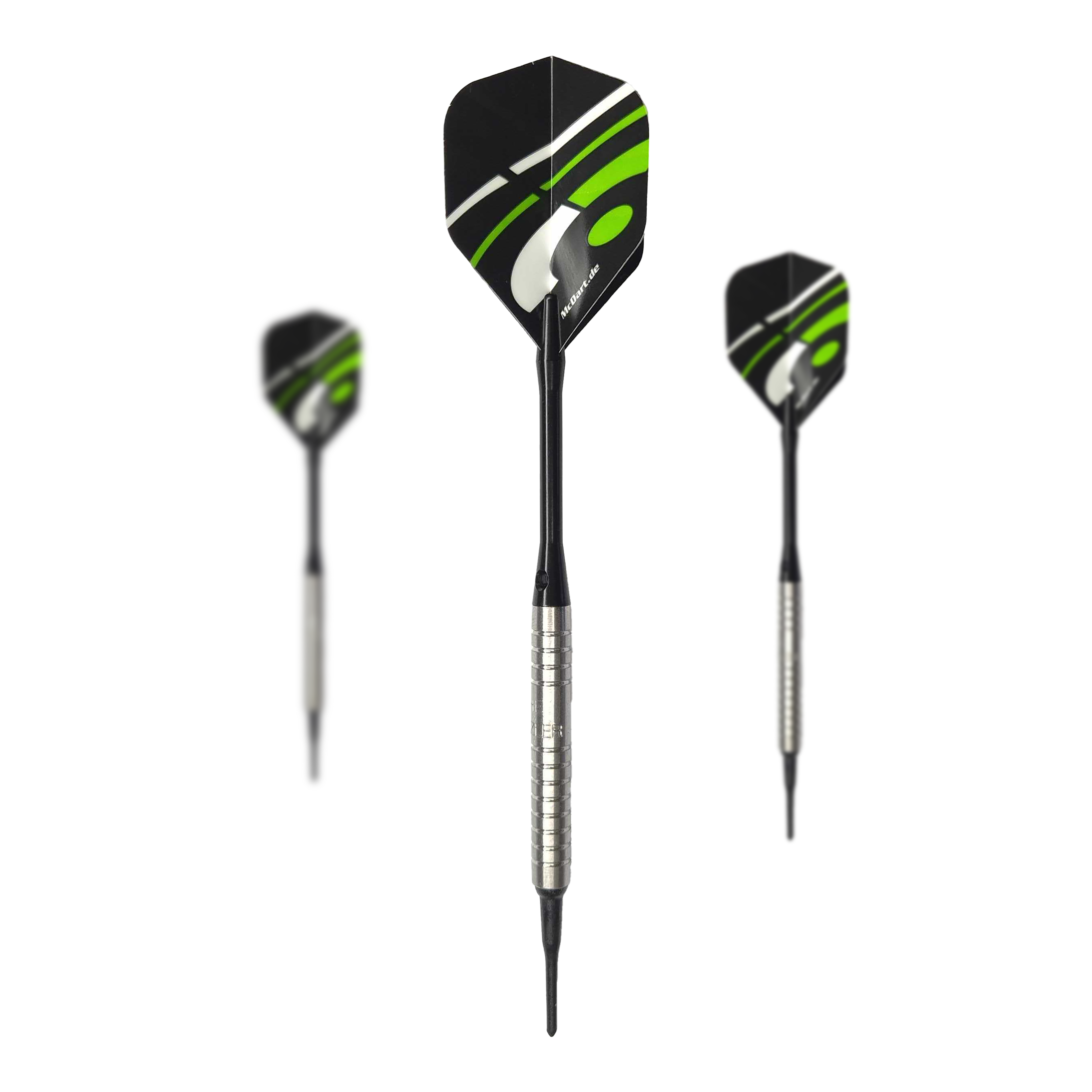 Fléchettes souples McDart 85 Tungstène V16 - 16,5 g Das Bild zeigt drei Softdarts des Modells "McDart 85er Tungsten V16" mit einem Gewicht von 16,5g. Die Darts haben silberne Griffe und schwarze Flights mit grünen und weißen Akzenten.