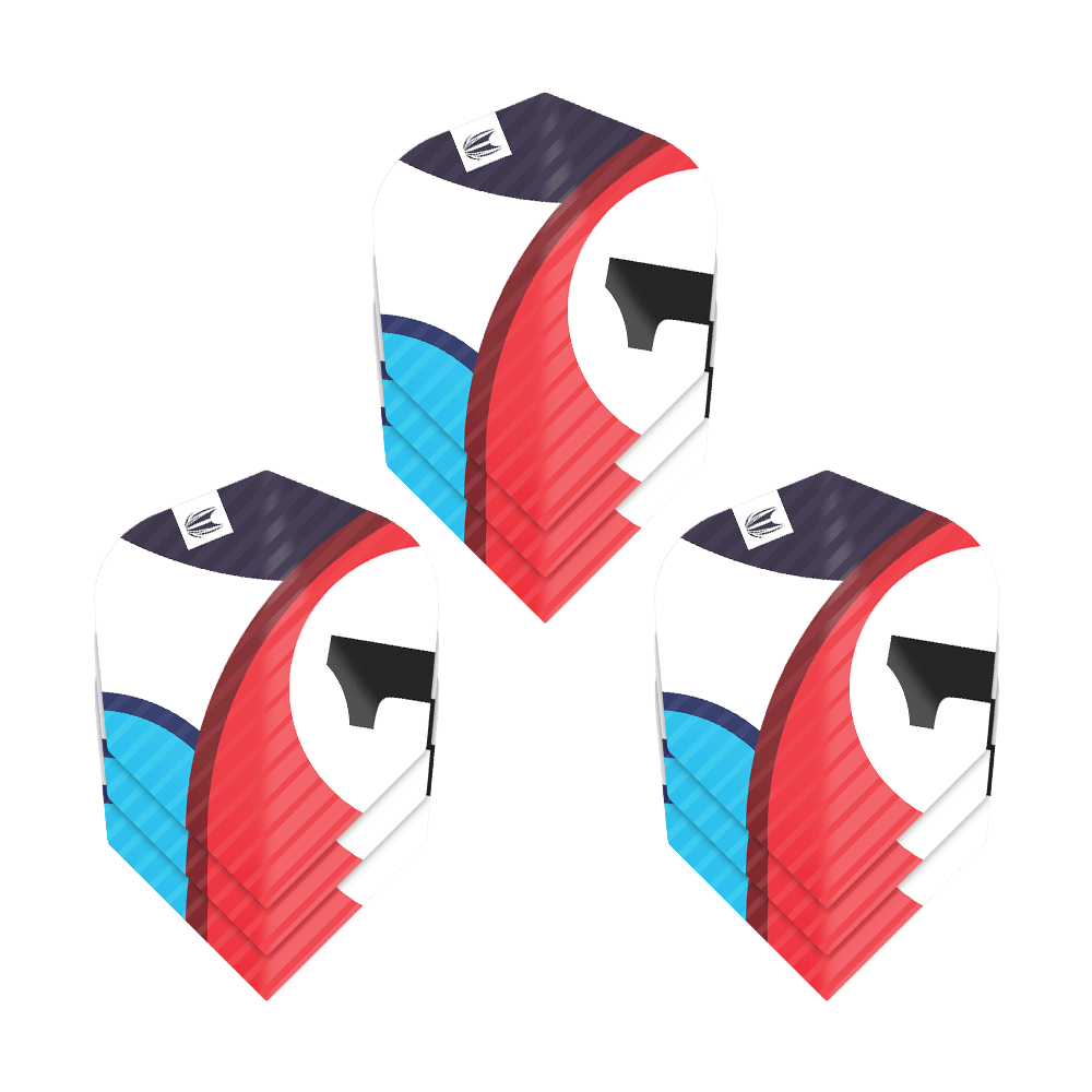 337217_Target_ProUltra_3Sets_Chicane_Blue_No6_Flights_1nLSZl512h3Di8 Das Bild zeigt drei Sätze von Target Pro Ultra Chicane Blue No6 Flights. Die Flights sind bunt gestaltet mit Blau, Rot, Schwarz und Weiß.