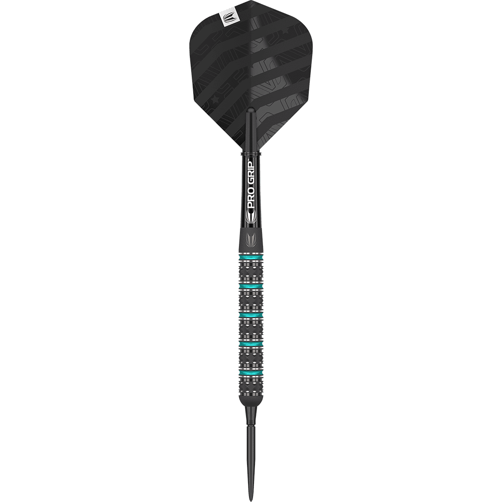 190209_Target_Rob_Cross_Black_Edition_2023_Swiss_Point_Steeldarts_17JmjrF73rsYSe Das Bild zeigt einen schwarzen Steeldart mit einem strukturierten Griff und türkisfarbenen Akzenten. Auf dem Schaft steht "PRO GRIP" und die Flights sind ebenfalls in Schwarz gehalten.