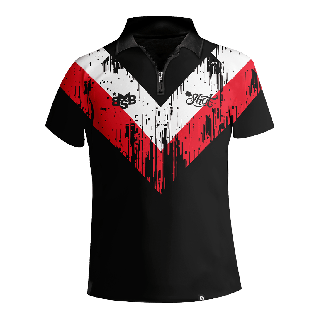 Chemise à fléchettes à rayures blanches Shot Michael Smith Dieses Bild zeigt das "Shot Michael Smith White Stripe Dartshirt". Das Shirt ist schwarz mit auffälligen roten und weißen Streifen im V-Design und hat einen kurzen Reißverschluss am Kragen.