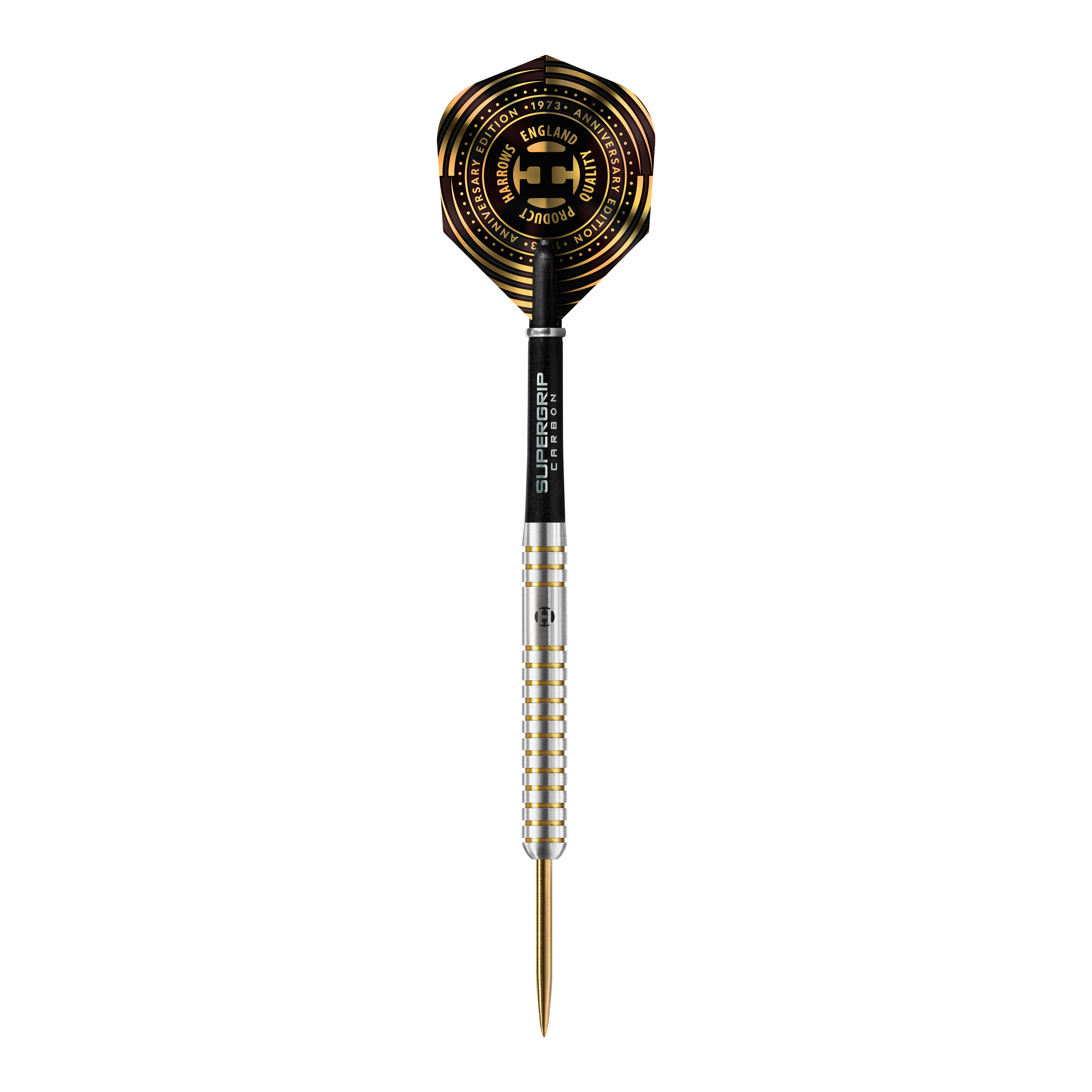Édition anniversaire de Harrows Les Steeldarts originaux Das Bild zeigt einen Harrows Anniversary Edition The Original Steeldart mit silbernem Schaft und goldenen Akzenten. Das Dartflight ist schwarz-gold gestaltet und trägt einen Jubiläumsaufdruck.