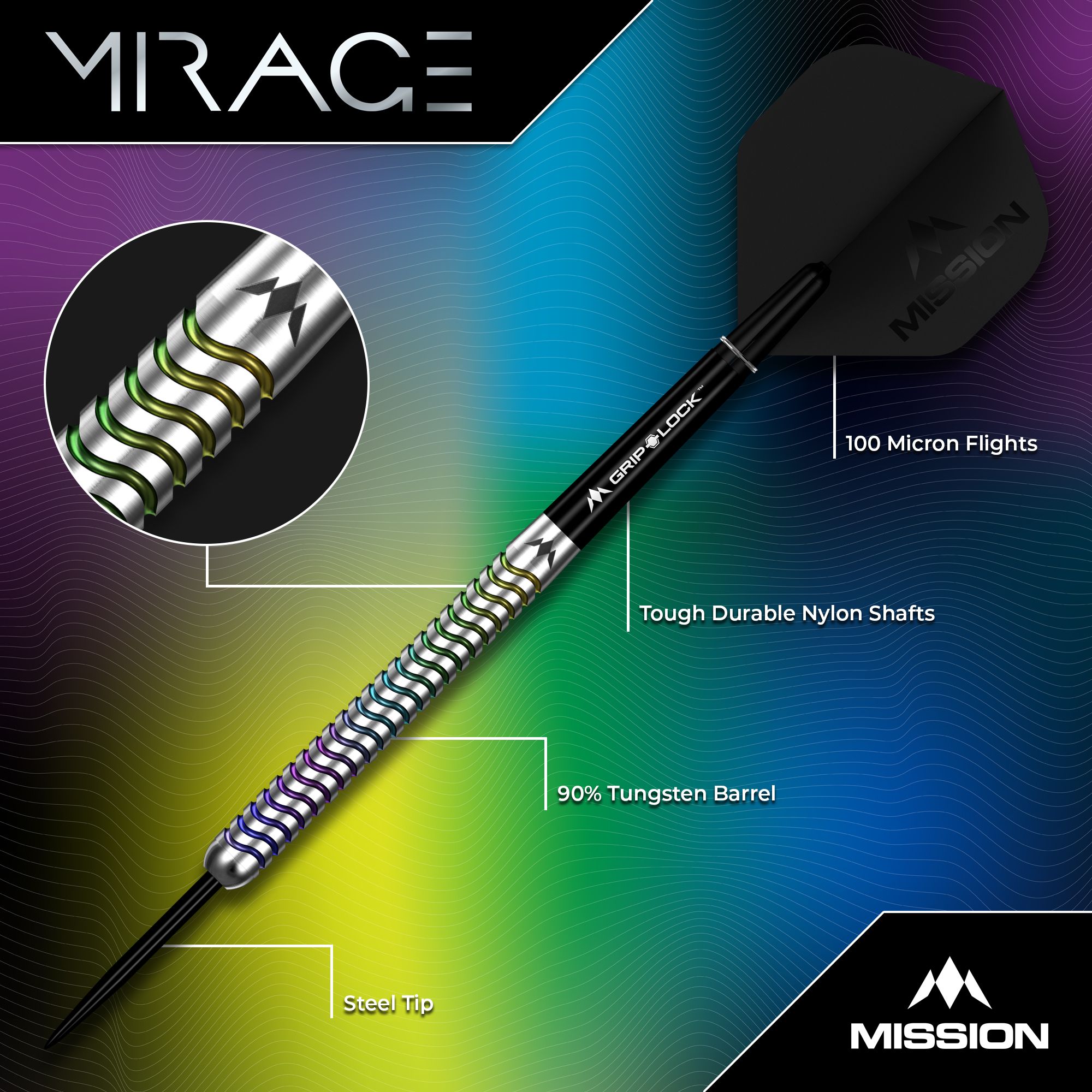 Fléchettes en acier Mission Mirage Mission Mirage Steeldarts sind für das Dartspiel entwickelt. Diese Aufnahme stellt das Modell in Nahaufnahme dar.