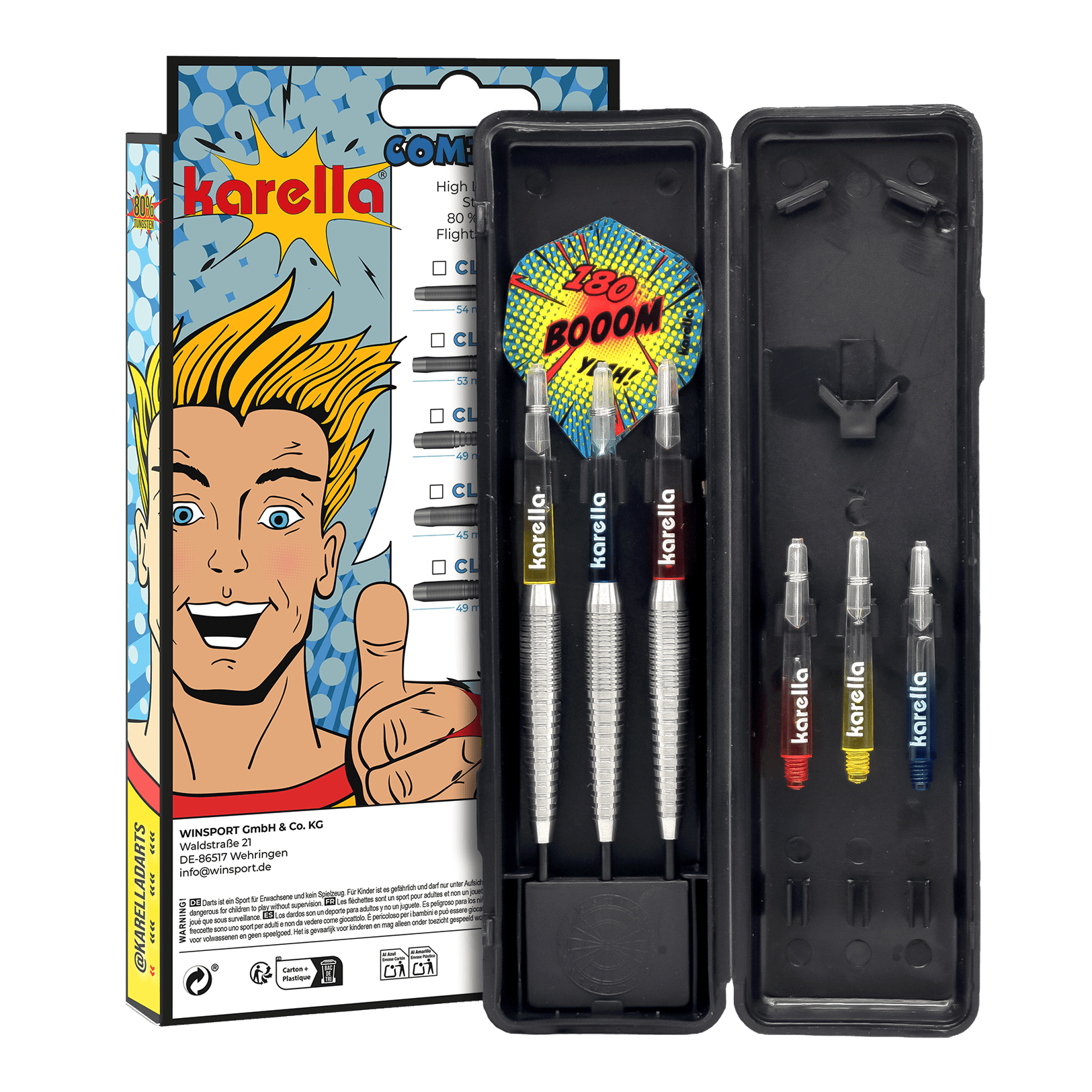 Fléchettes en acier Karella Comic Line CL-5 - 21 g Abgebildet sind die Karella Comic Line CL-5 Steeldarts - 21g. Diese Steeldarts zeichnen sich durch ein Comic-Design aus.