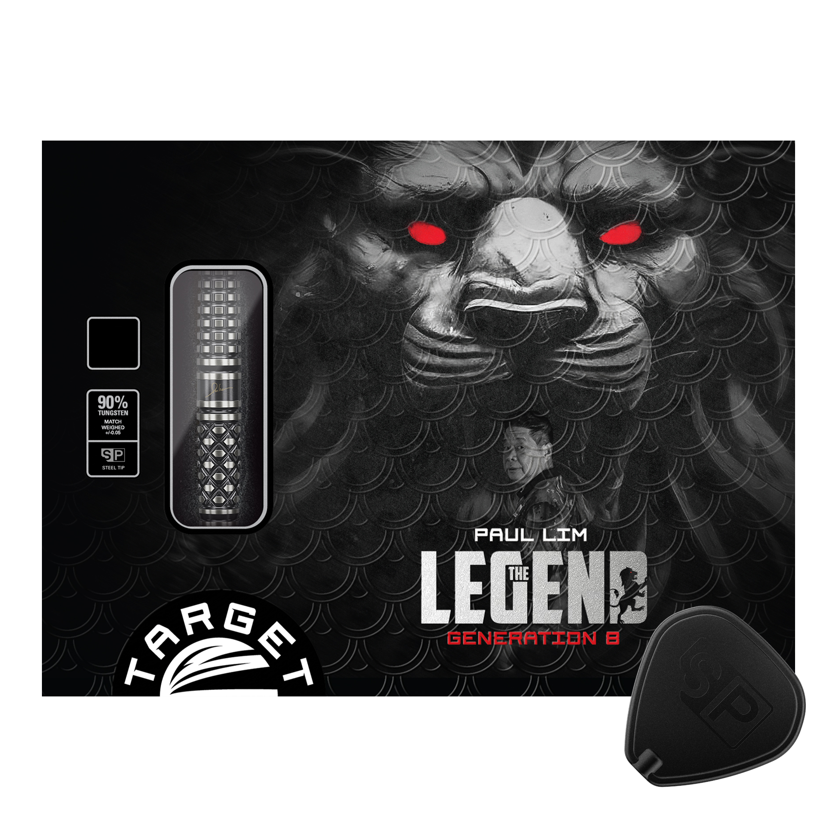 Target Japan Paul Lim The Legend GEN8 Swiss Point Steeldarts - 24 g Die Verpackung zeigt die "Target Japan Paul Lim The Legend GEN8 Swiss Point Steeldarts - 24g". Im Hintergrund ist ein Löwenkopf mit roten Augen und ein Porträt von Paul Lim zu sehen.