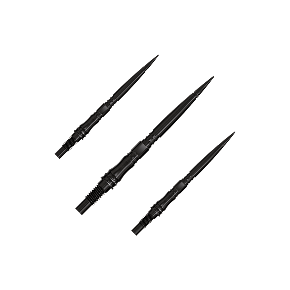 Harrows Quick Point Apex Axis Elite Series Dartspitzen - Schwarz Apex Axis Black Elite Series Dartspitzen in 30mm werden gezeigt. Sie sind schwarz und technisch ausgeführt.