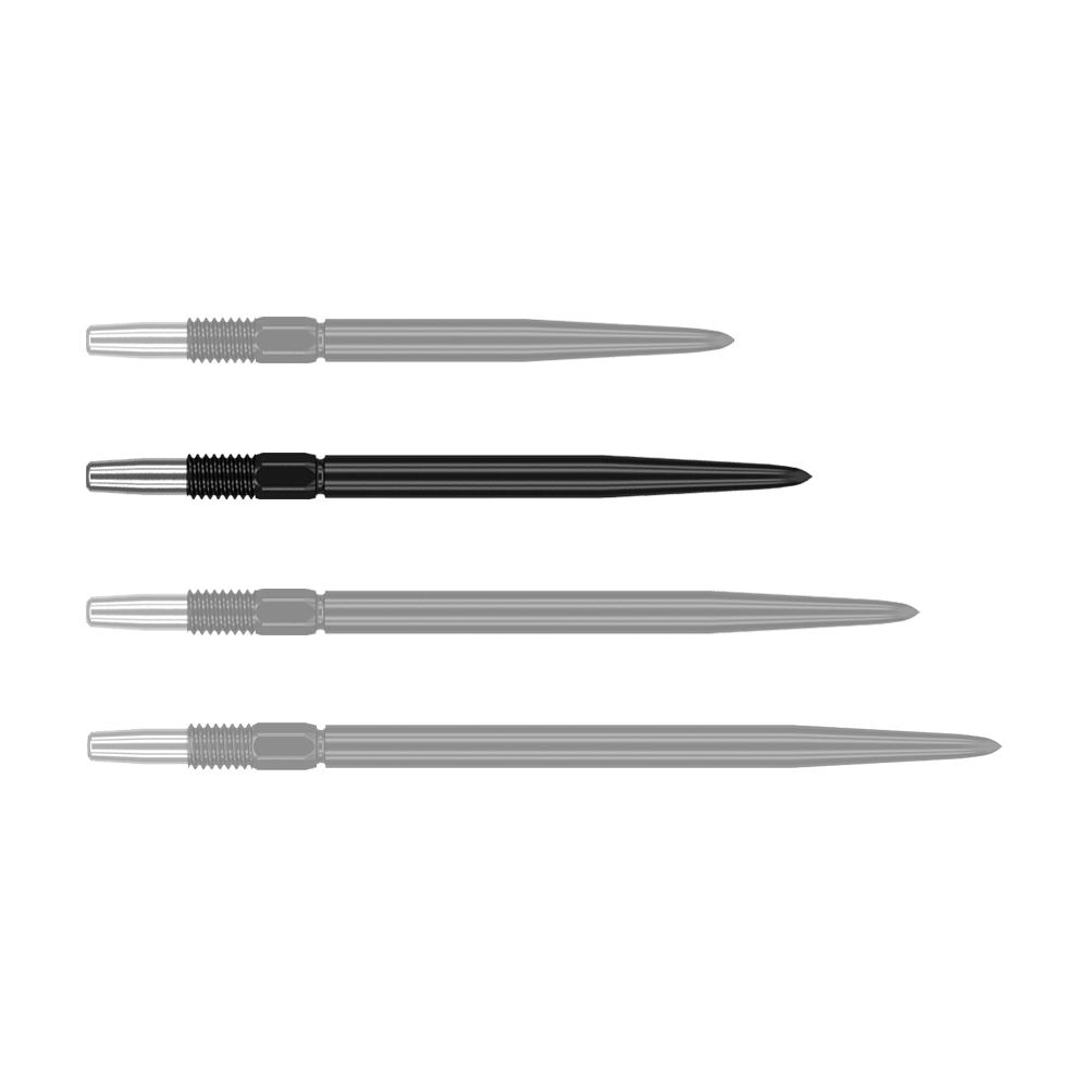 Pointes de fléchettes Target Swiss Point Black Das Bild zeigt vier schwarze Dartspitzen, die nebeneinander liegen. Sie haben einen silbernen metallischen Ansatz und sind unterschiedlich lang.
