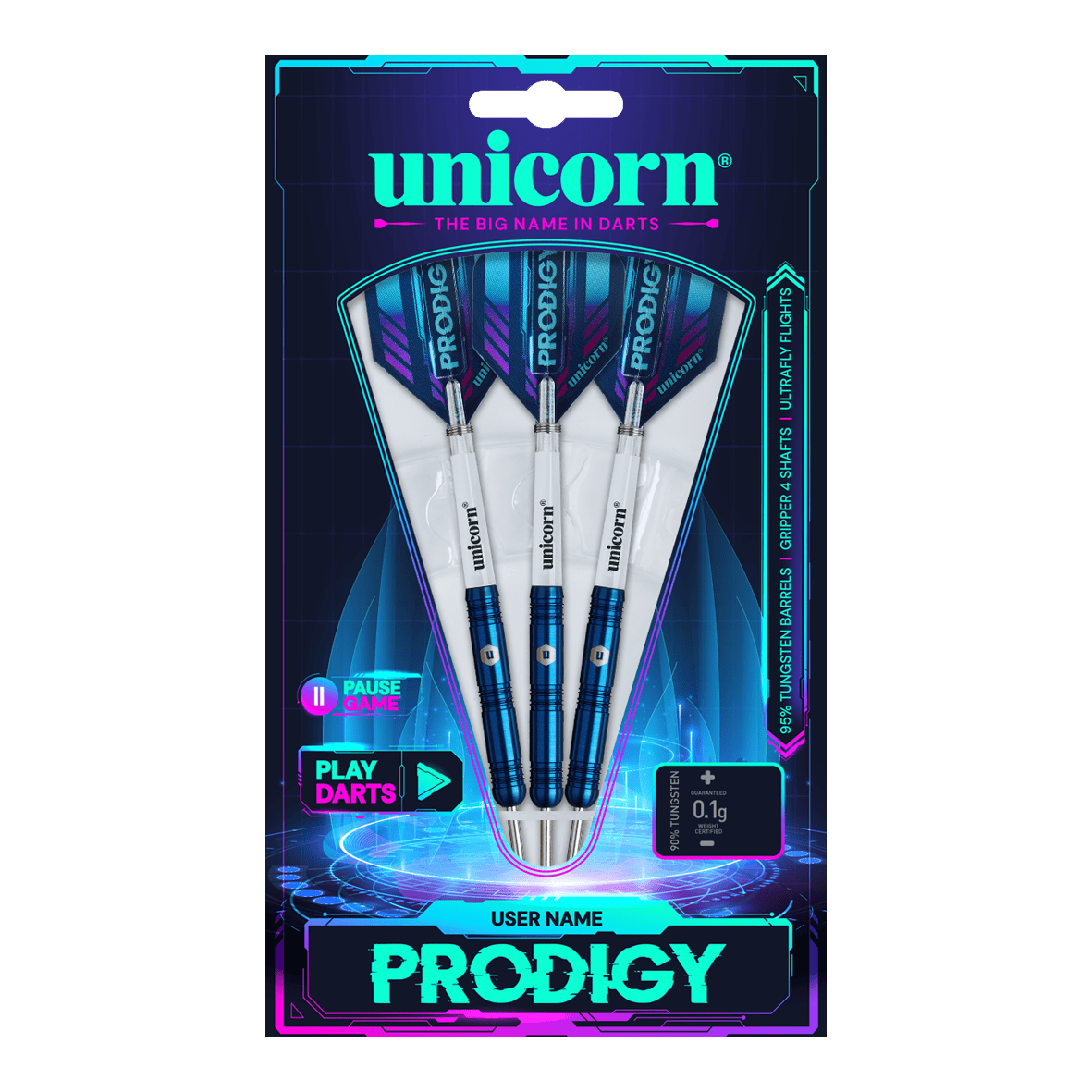 Fléchettes en acier parallèles Unicorn Prodigy 01 Das Bild zeigt die Verpackung der "Unicorn Prodigy 01 Parallel Steeldarts". Drei blaue Steeldarts sind in einer modernen, futuristisch gestalteten Packung präsentiert.