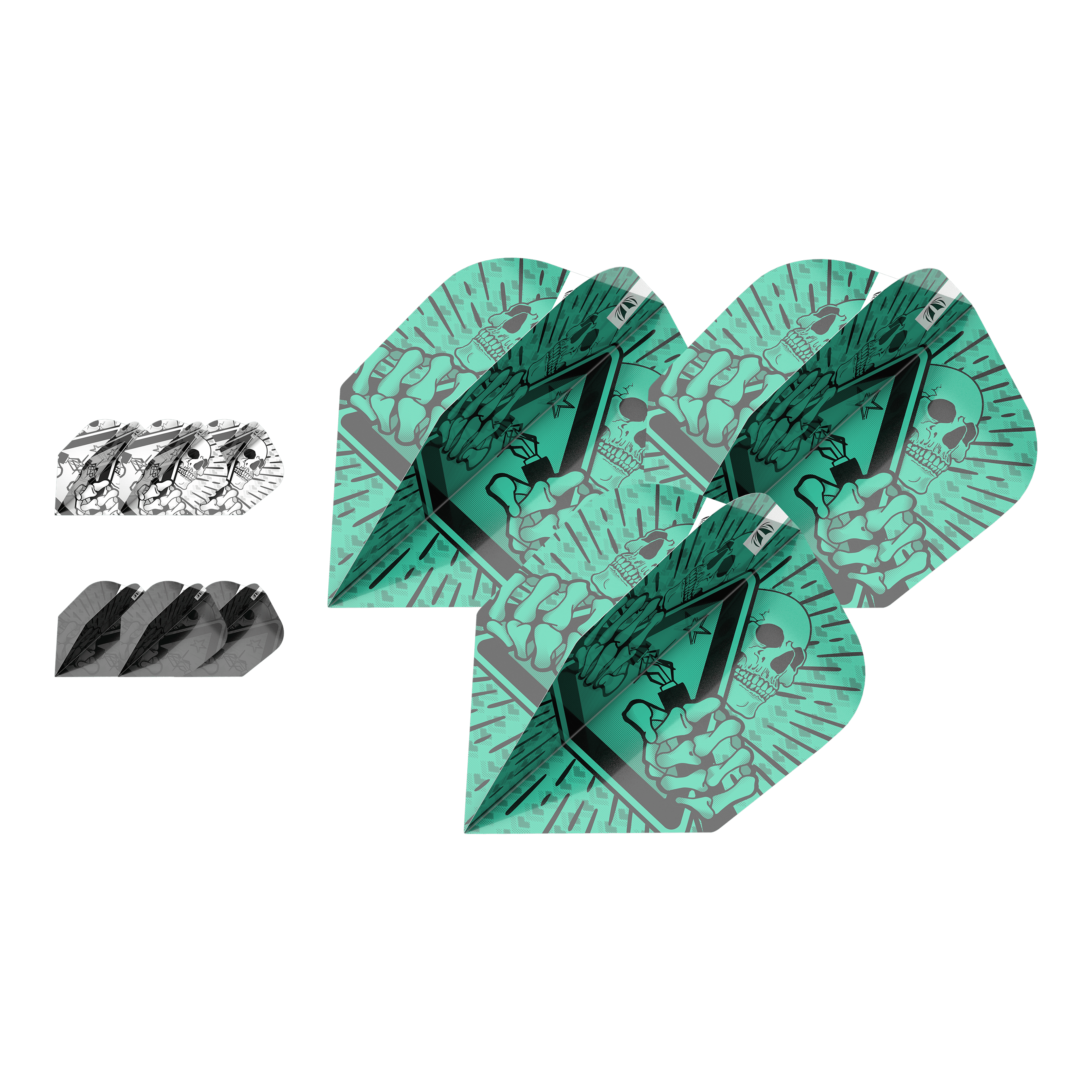 Target Ink Bundle 3 ensembles de vols Rob Cross No6 Das Bild zeigt drei verschiedene Sets von Dartflights aus dem "Target Ink Bundle 3 Sets Rob Cross No6 Flights". Die Flights haben auffällige Designs in Grün, Schwarz und Weiß mit grafischen Motiven.