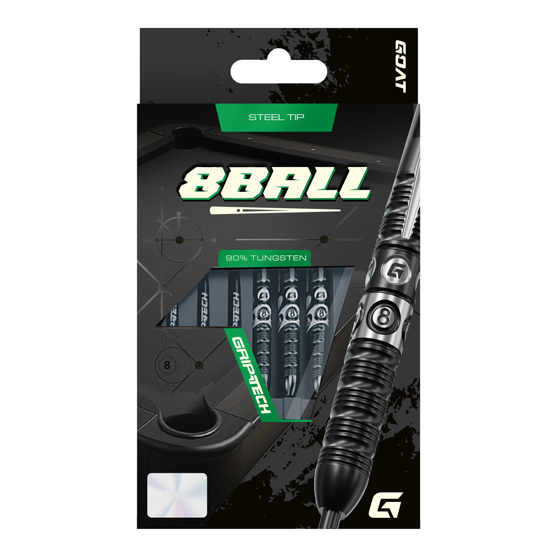 Fléchettes en acier GOAT 8-Ball Das Bild stellt die GOAT 8Ball Steeldarts dar. Details des Dartpfeils sind klar erkennbar.