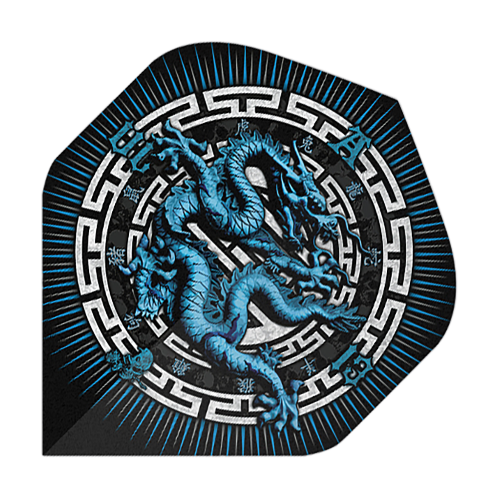 Vols Standard Alchemy Année du Dragon N°2 Das Bild zeigt das Produkt "Alchemy Year Of The Dragon No2 Standard Flights". Auf dem Flight ist ein blauer Drache in einem dekorativen, kreisförmigen Muster abgebildet.