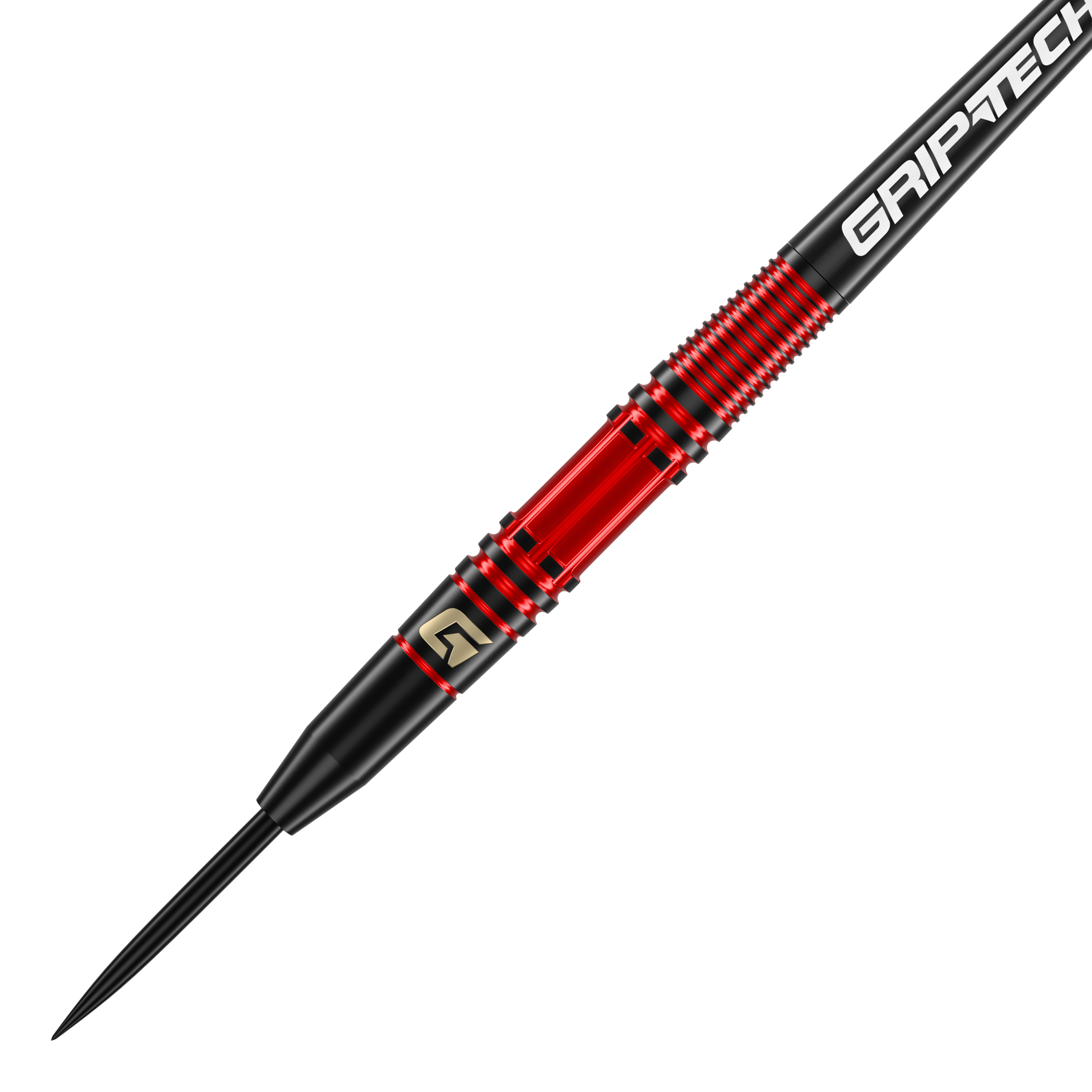 Das Bild zeigt einen GOAT Athlete Red Brass Steeldart mit einem Gewicht von 11 Gramm. Der Dart hat ein auffälliges rotes und schwarzes Design mit dem Schriftzug "GRIPTECH" auf dem Schaft.
