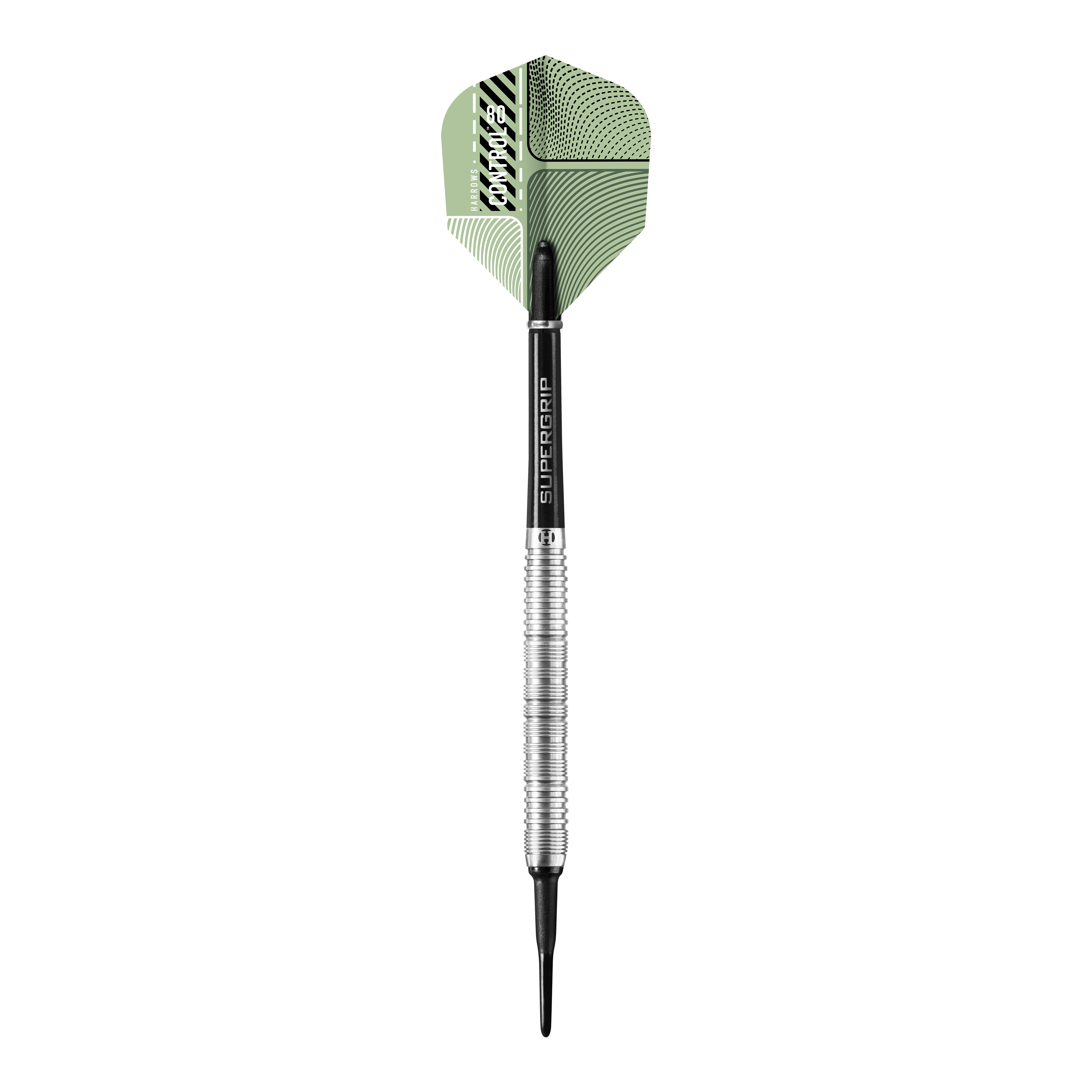 Fléchettes souples parallèles Harrows Control Das Bild zeigt einen Harrows Control Parallel Softdart mit einem silbernen und schwarzen Schaft. Die Dartflügel sind grün gemustert und tragen das Markenlogo.