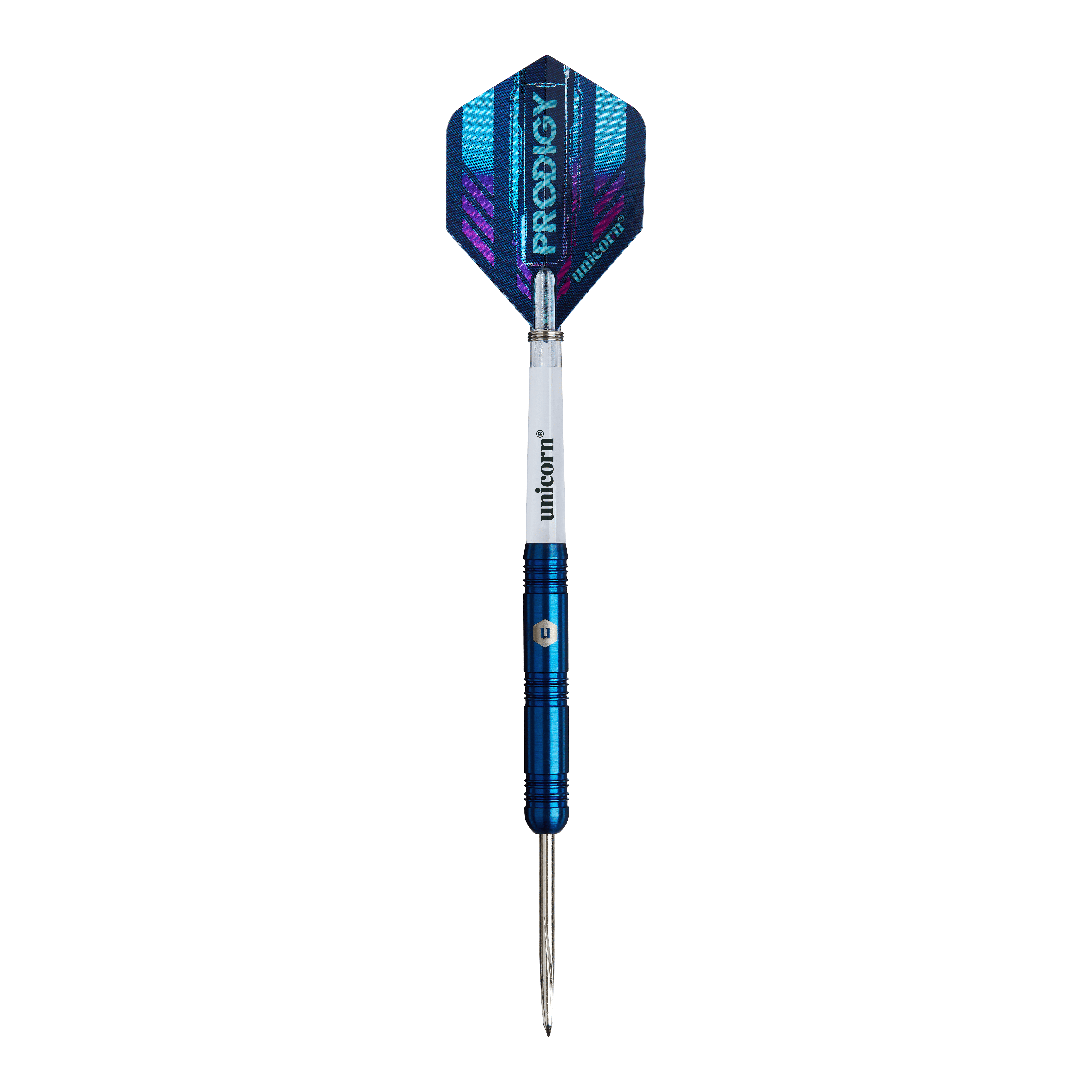 Fléchettes en acier parallèles Unicorn Prodigy 01 Das Bild zeigt einen Unicorn Prodigy 01 Parallel Steeldart. Der Dartpfeil hat ein blaues Design mit einer glänzenden Spitze und einem Flight mit der Aufschrift "PRODIGY".