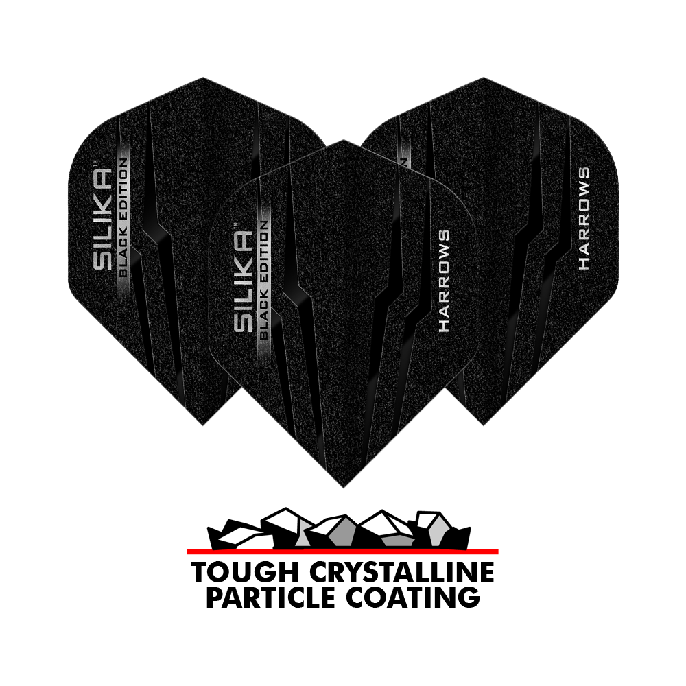 Volets standard Harrows Silika Black Edition No2 Das Bild zeigt drei schwarze Harrows Silika Black-Edition No2 Standard Flights. Unten steht der Schriftzug „Tough Crystalline Particle Coating“ mit einer Grafik von Kristallen.