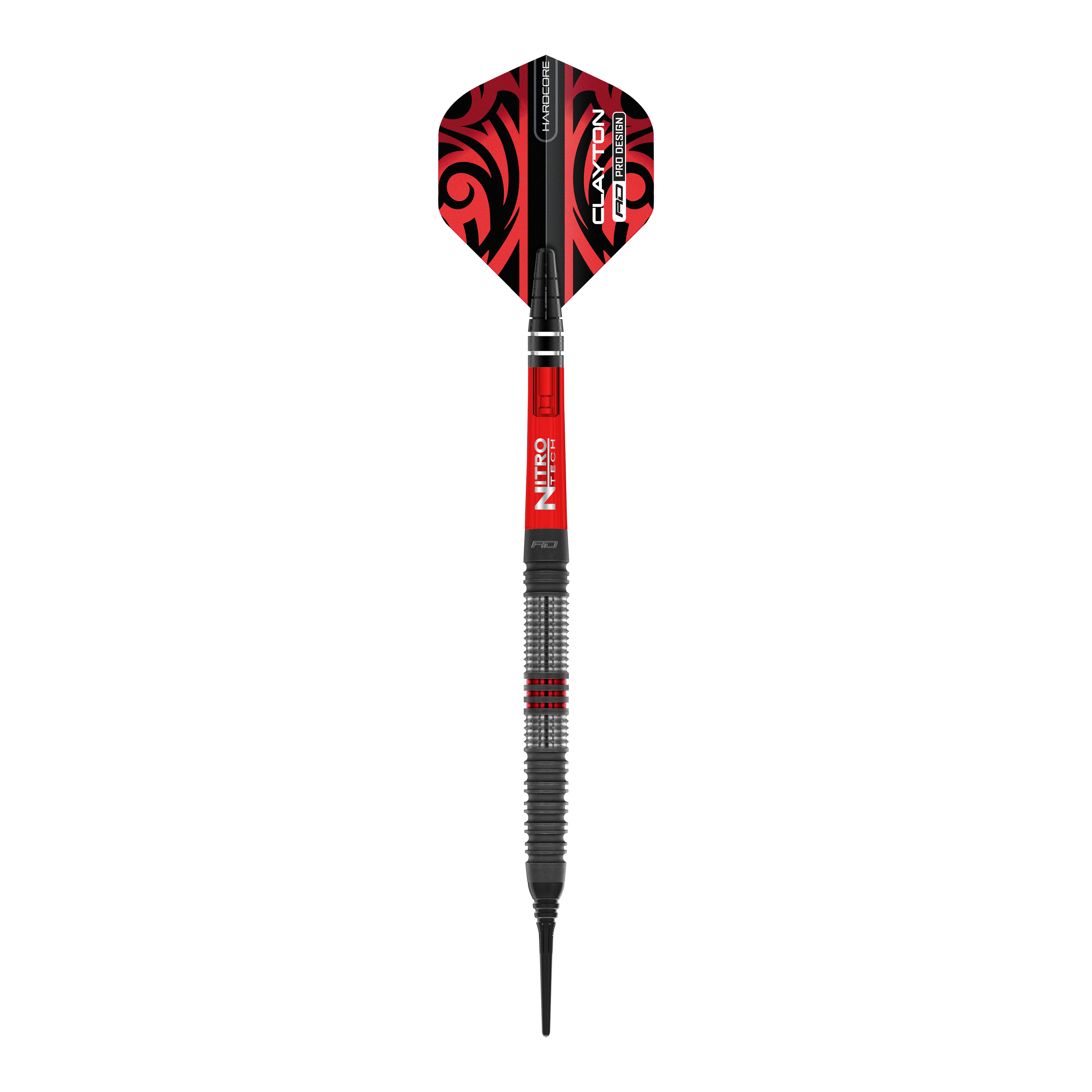 Red Dragon Jonny Clayton Hiraeth Fléchettes souples - 20 g Das Bild zeigt einen Softdart der Marke Red Dragon, Modell "Jonny Clayton Hiraeth" mit einem Gewicht von 20 Gramm. Der Dart ist überwiegend in den Farben Rot und Schwarz gestaltet und hat ein auffälliges Muster auf dem Flight.