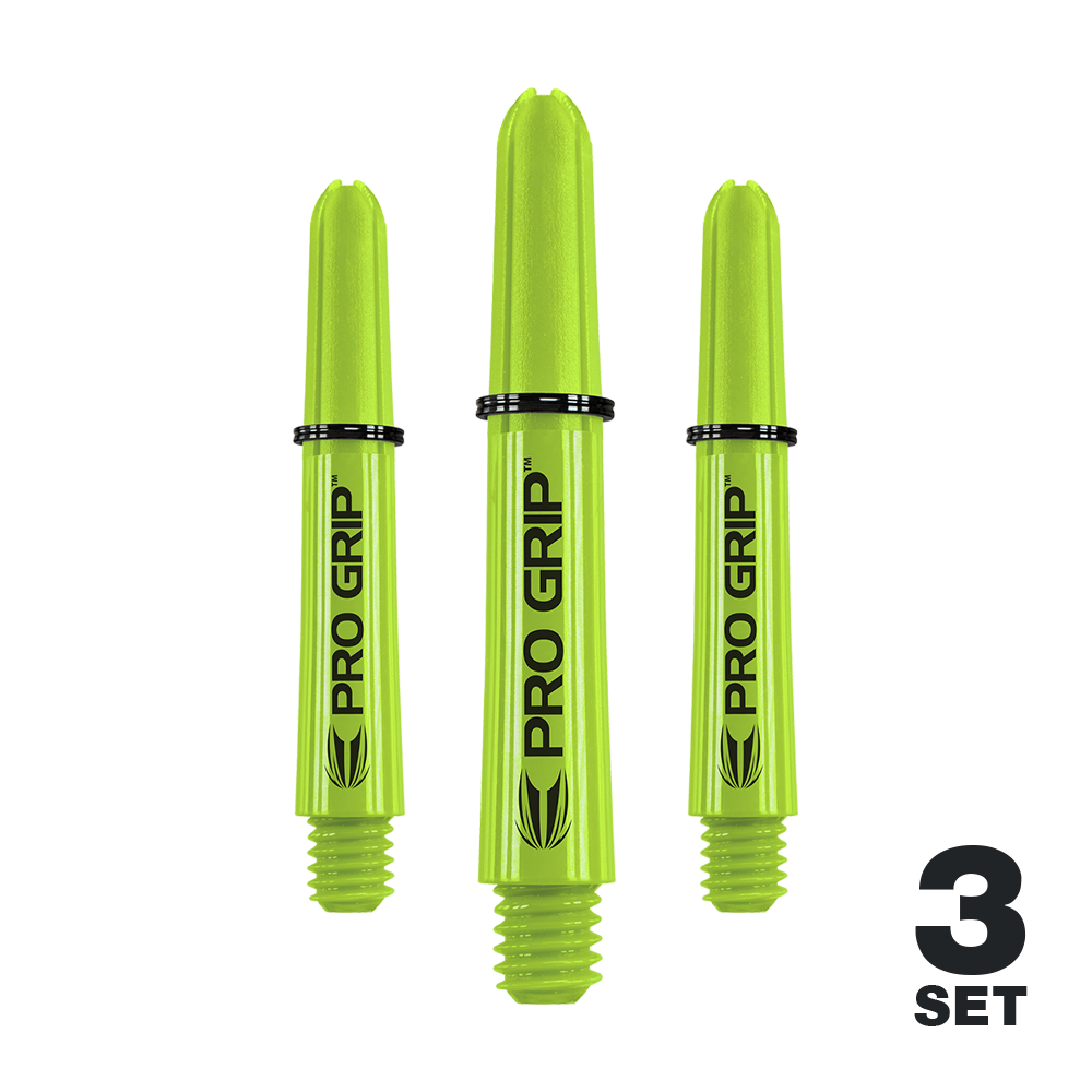 Tiges Target Pro Grip - 3 jeux - Vert citron Das Bild zeigt drei limegrüne Pro Grip Shafts für Dartpfeile. Unten rechts steht "3 Set", was anzeigt, dass es sich um ein Set mit drei Stück handelt.