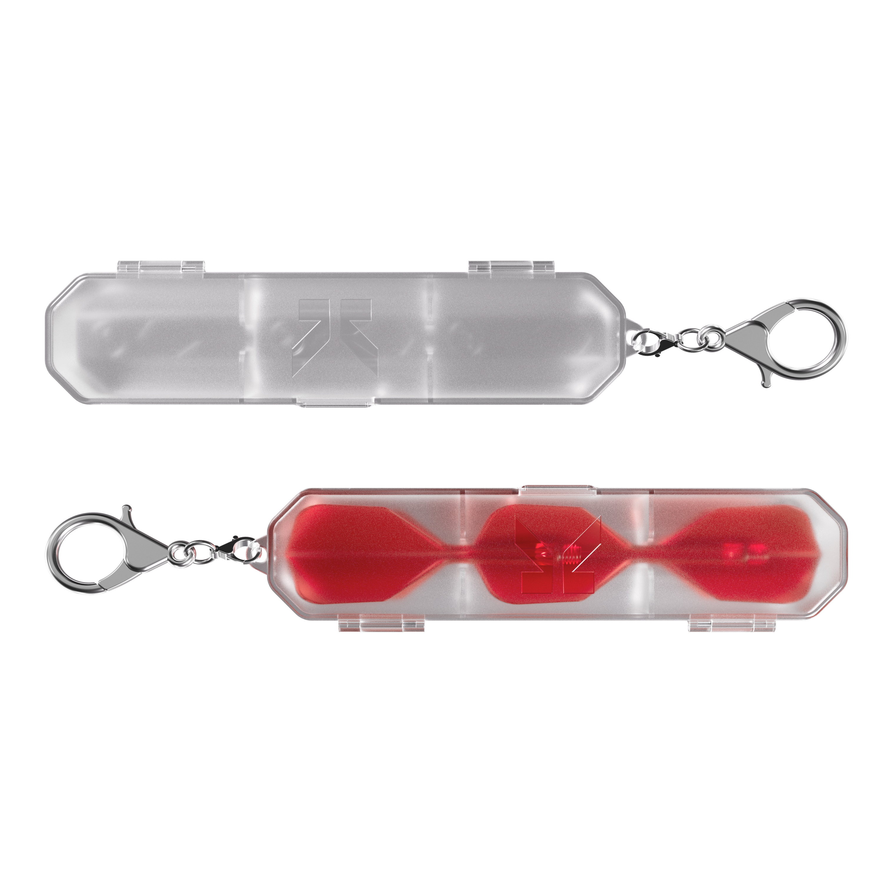 Coffret de vol Target K-Flex K-Case Das Bild zeigt zwei Target K-Flex K-Case Flightboxen mit transparenter Hülle. Eine Box enthält rote Dartflights, die durch das Kunststoffgehäuse sichtbar sind.