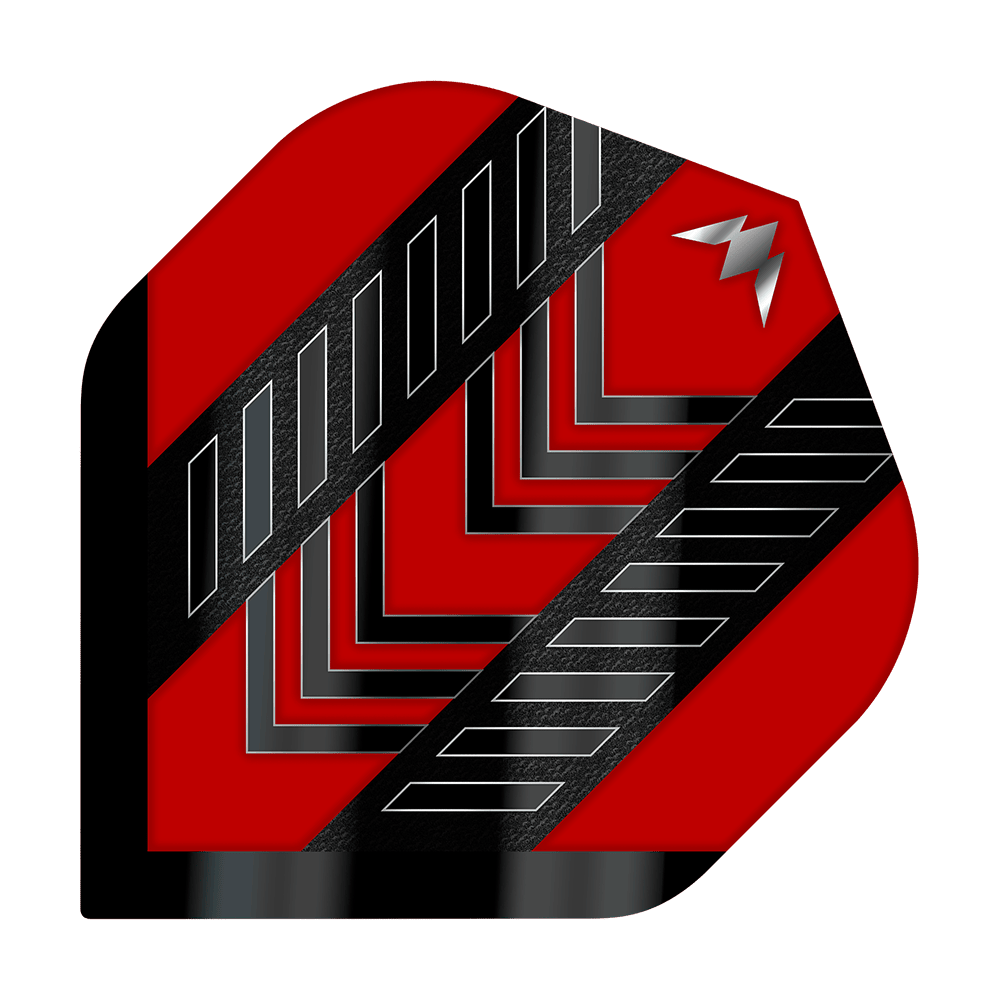 Mission Solo Rogue No2 Vols Standard Das Bild zeigt das Produkt "Mission Solo Rogue No2 Standard Flights". Das Flight ist rot mit schwarzen und silbernen Mustern und einem kleinen silbernen Symbol in der Ecke.