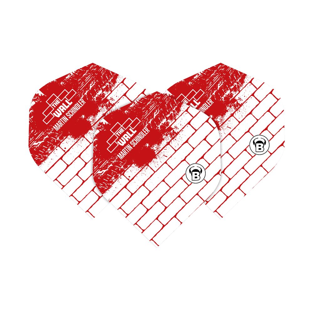 Das Bild zeigt drei Dart-Flights in weiß und rot mit Backsteinmuster. Auf den Flights steht "The Wall Martin Schindler" und unten ist ein rundes "B"-Logo.