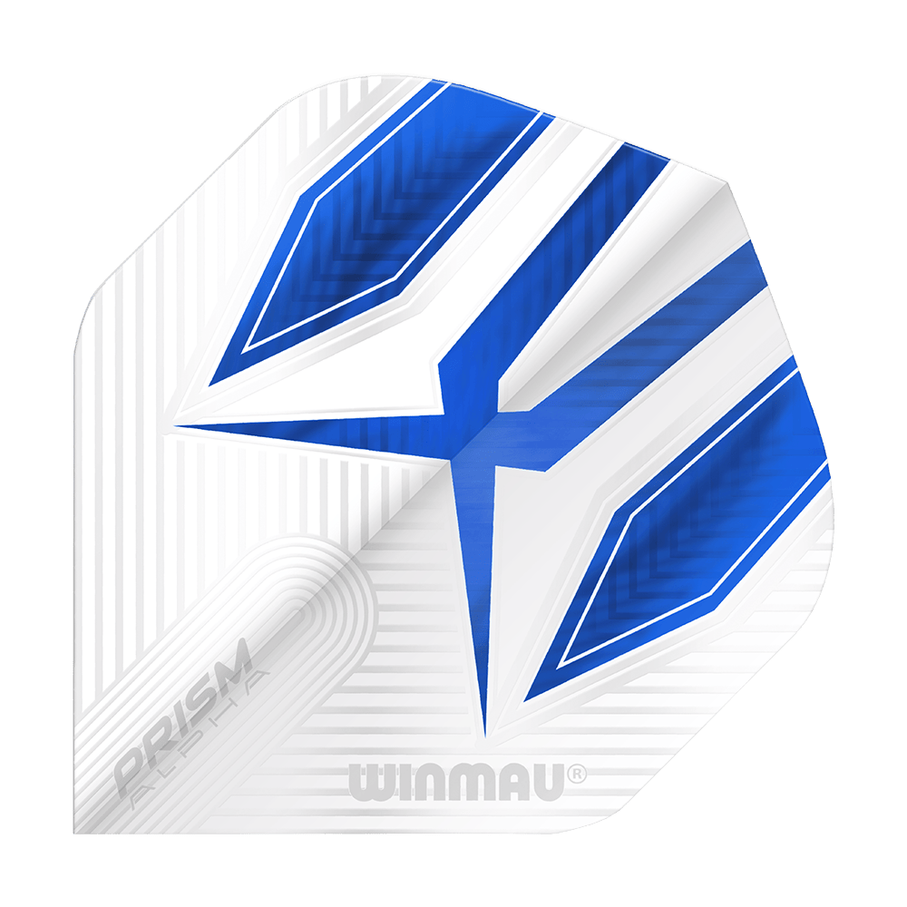 6915-112_Winmau_Prism_Alpha_6915-112_Standard_Flights_1 Das Bild zeigt ein Winmau Prism Alpha 6915.112 Standard Flight. Das Flight ist überwiegend weiß mit blauen und silbernen Designelementen.