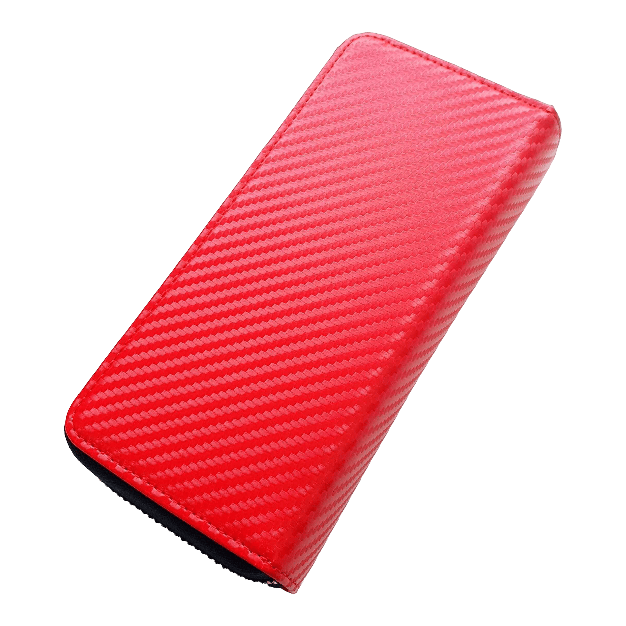Das Bild zeigt ein rotes Etui mit einer strukturierten Oberfläche. Es liegt auf einem schwarzen Hintergrund.