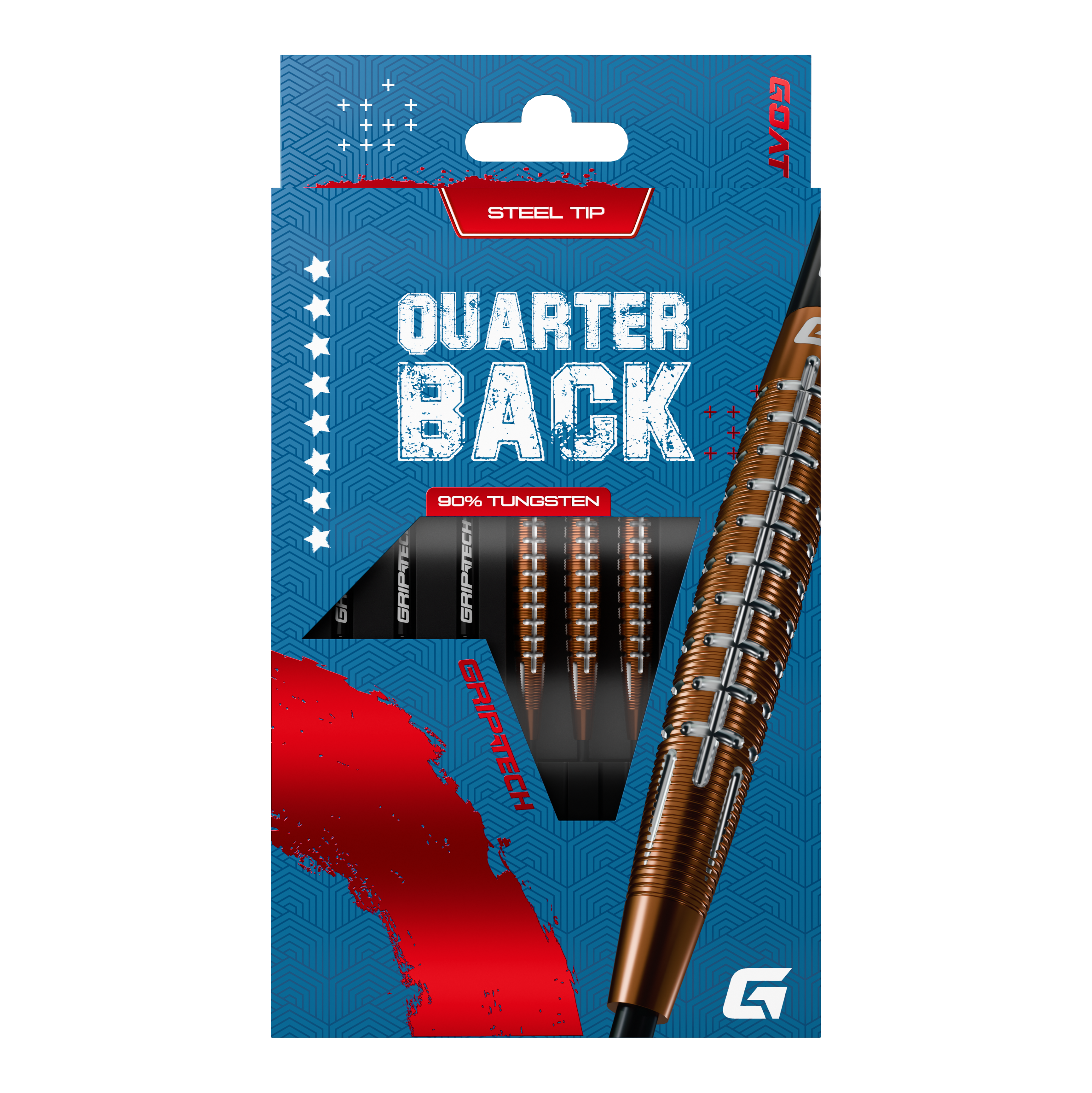 Fléchettes en acier tungstène GOAT Quarterback V1 Das Bild zeigt die GOAT Quarterback V1 Tungsten Steeldarts in einer blauen Verpackung. Die Darts bestehen zu 90% aus Tungsten und haben eine Stahlspitze.