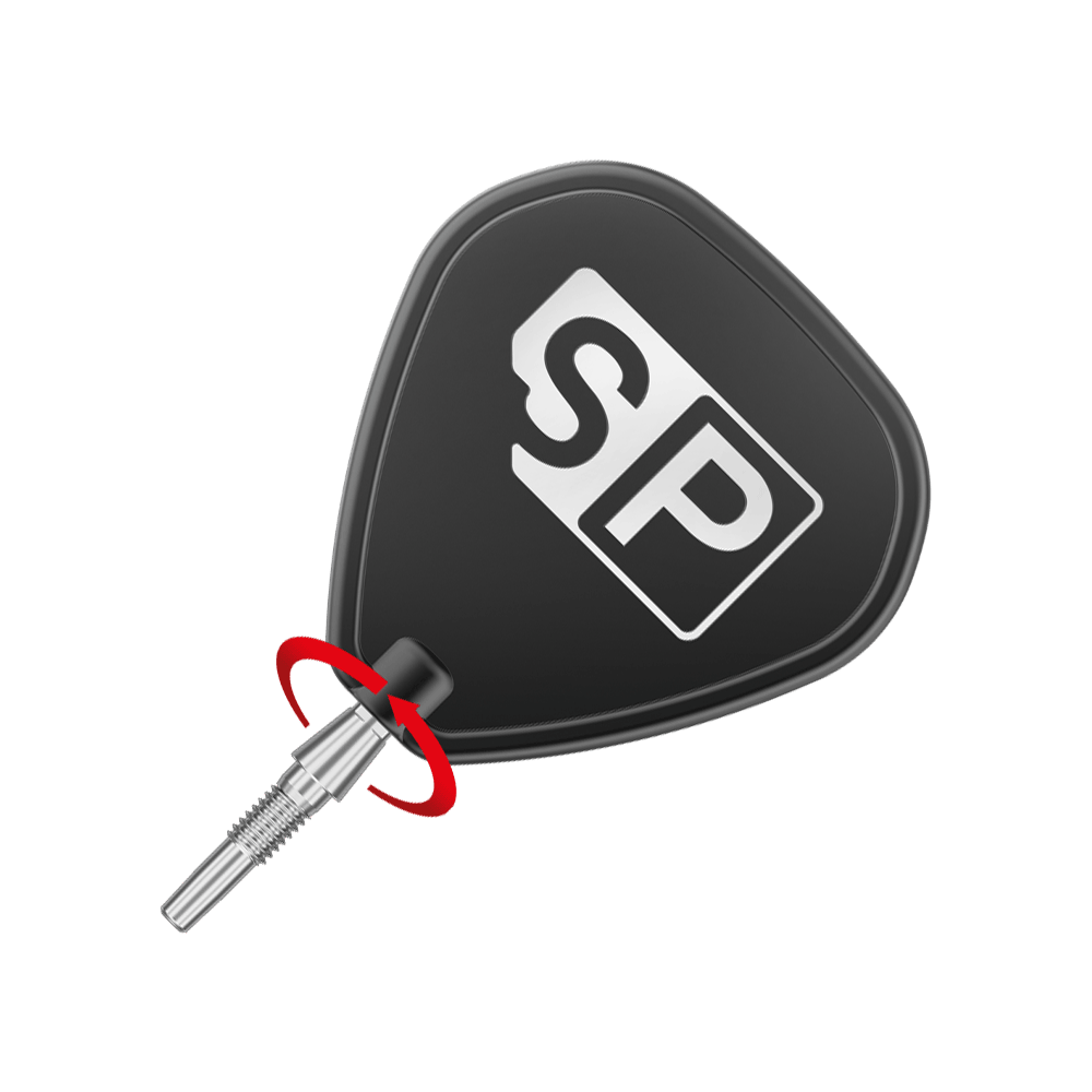 Pointes de fléchettes en acier Target Swiss Point Storm Surge - argent Das Bild zeigt eine Dartspitze mit einem schwarzen Flight, auf dem die Buchstaben "SP" abgebildet sind. Ein roter Pfeil deutet auf eine Drehbewegung am Verbindungsstück der Spitze hin.